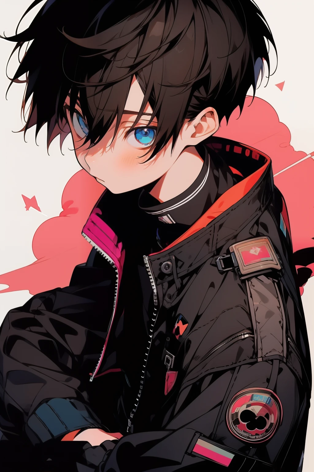 anime, boy, Brown hair, short hair, blue eyes, stylish jacket, black pants
