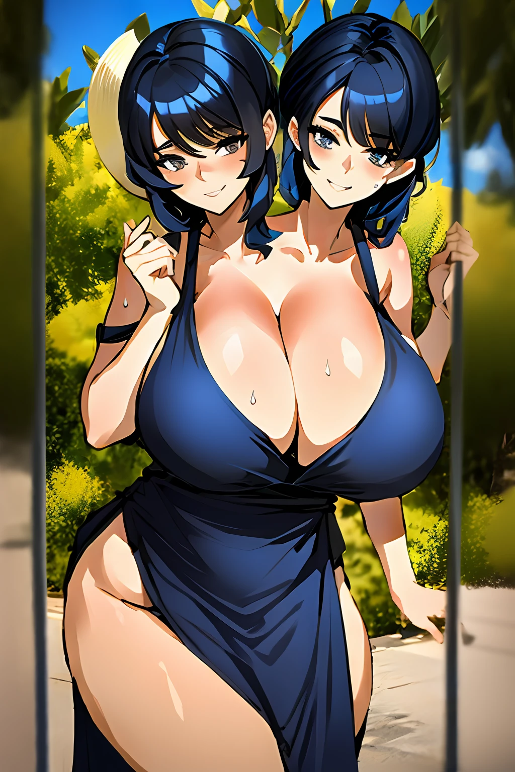 2heads, a short chubby woman with 2 heads. She has extremely huge breasts. She is outside in a park next to a pool. She is wearing a very tight sundress and a summer hat. She is smiling. She looks seductive. Her breasts are massive. She has circular breasts. She is sweating. She has enormous breasts. She looks very mature and has a full figure with gigantic breasts.