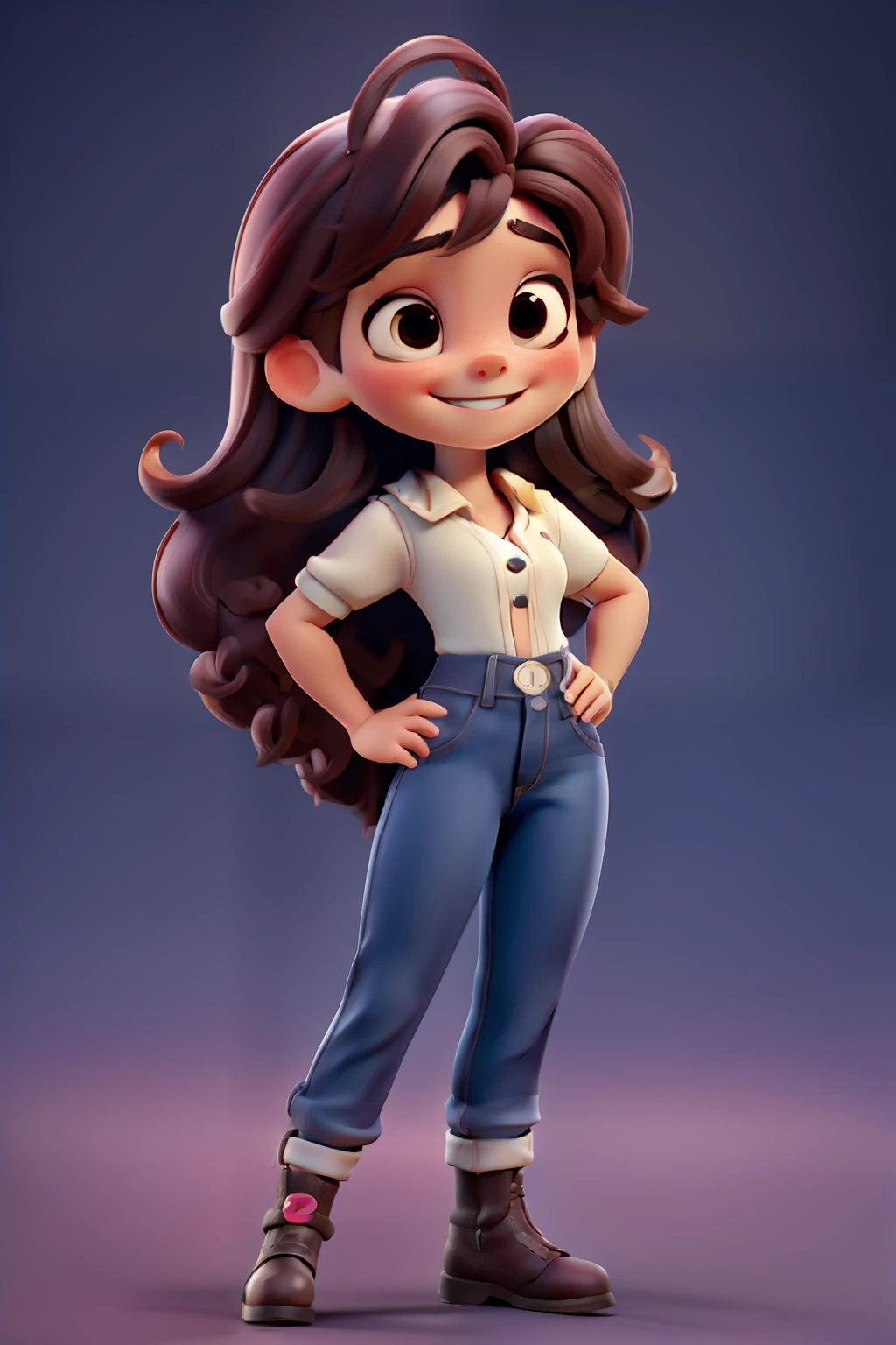 A mini heroine, muito fofa, de cabelos longos e ondulados, sorriso meigo, bochechas vermelhas, voando