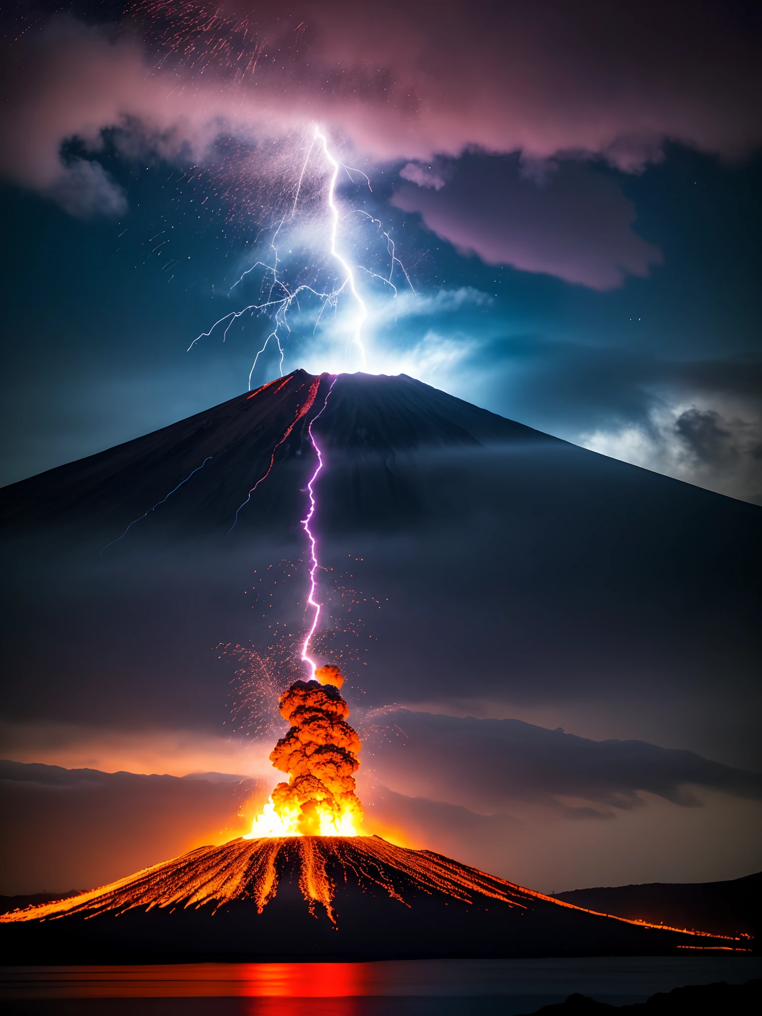 dramatic sky, blue lightning Style: masterpiece, best quality, 8k, sharp focus, realistic, ((Detailed)), ((Dynamic pose)), ((Good Highlights)), (Perfect Proportions), (dynamic), (intricate), (complimentary colors), good perspective, (Professional), (Award winning)
ADDCOMM
volcanic island background
Red flame, soft particles, explosion
BREAK
green flame, soft particles, explosion
BREAK
blue  flame, soft particles, explosion
volcanic island background