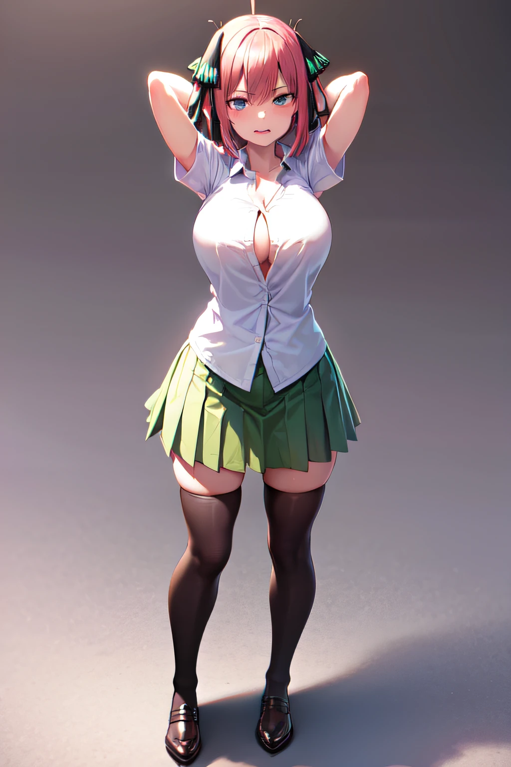masterpiece, best quality, highres, Nakano nino, 1girl, solo, pink hair, short hair, busty, butterfly hair ornament, large breasts, cleavage, green skirt, white shirt, collared shirt, open clothes, black thighhighs, short sleeves, skirt lift, looking at viewer, annoyed, blush, full body, standing, simple background, arms behind head, (erotic pose:1.4)