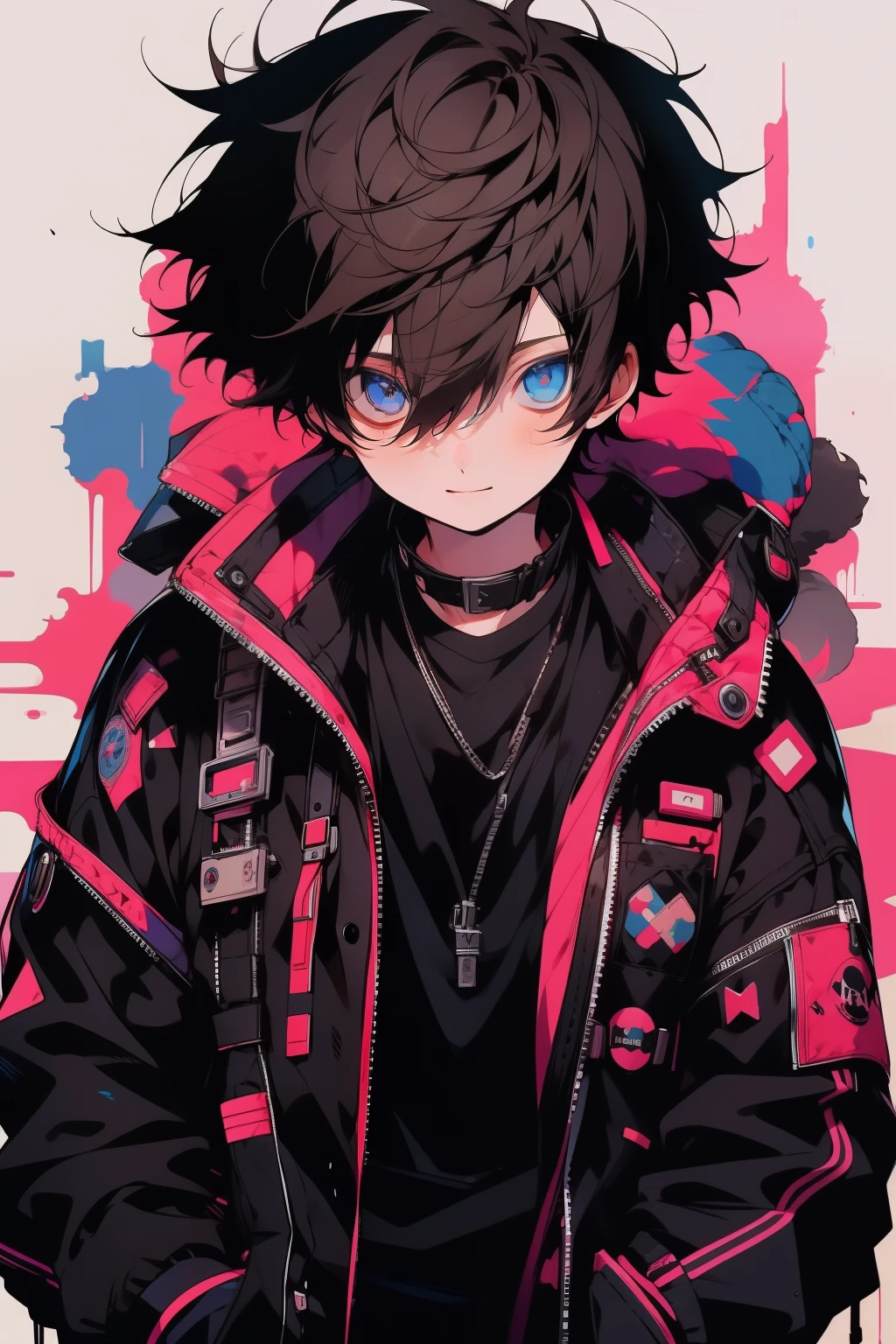 anime, boy, Brown hair, short hair, blue eyes, stylish jacket, black pants, Messy hair, has the body facing the viewer, smile