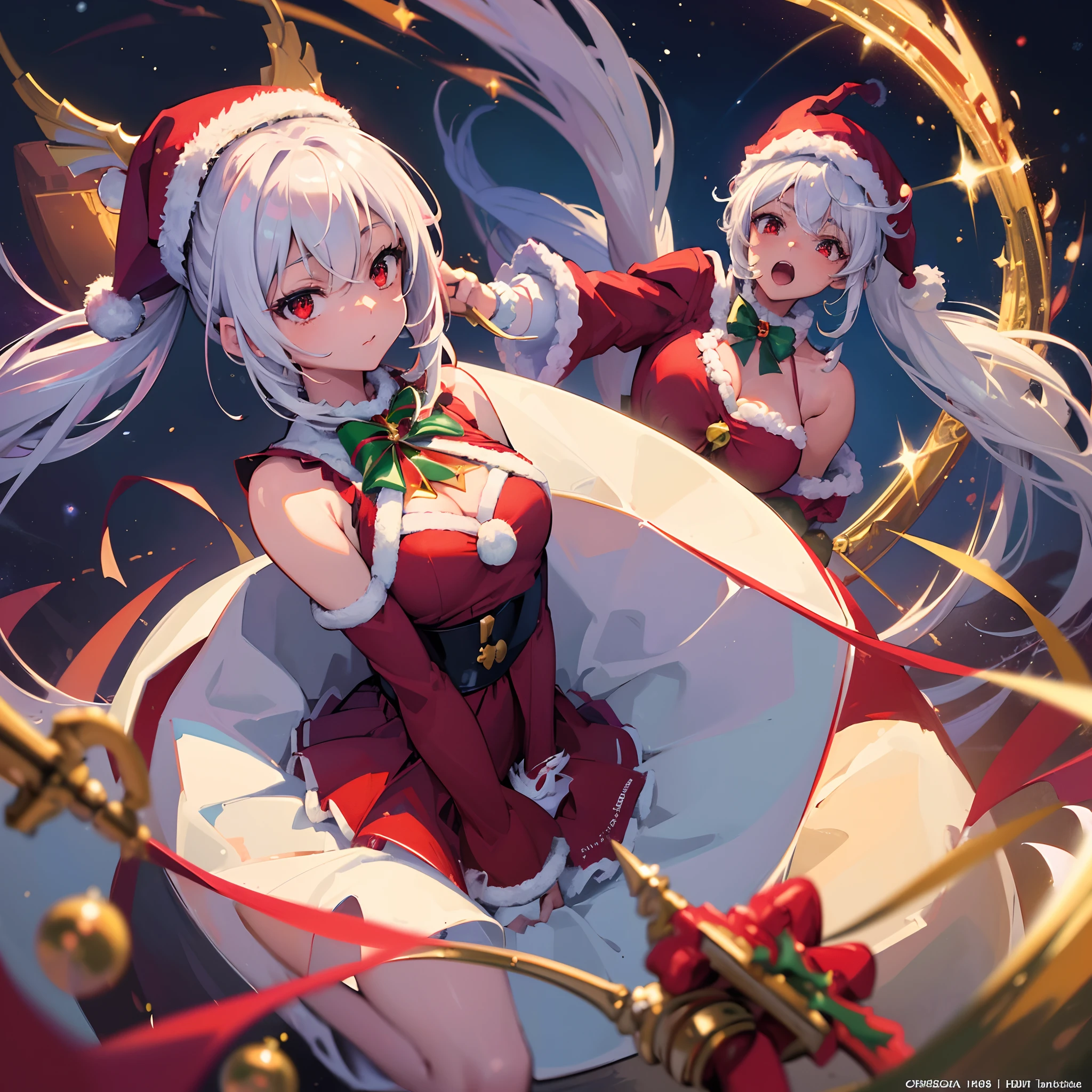 Masterpiece、Highest quality、Super detailed、1 girl、Gray Hair、Big Tits、Fluffy and soft long hair、Twin tails、Santa Girl、snow、Starry Sky、Christmas tree、Embarrassed face、underwear、Lace cape、Red Eyes