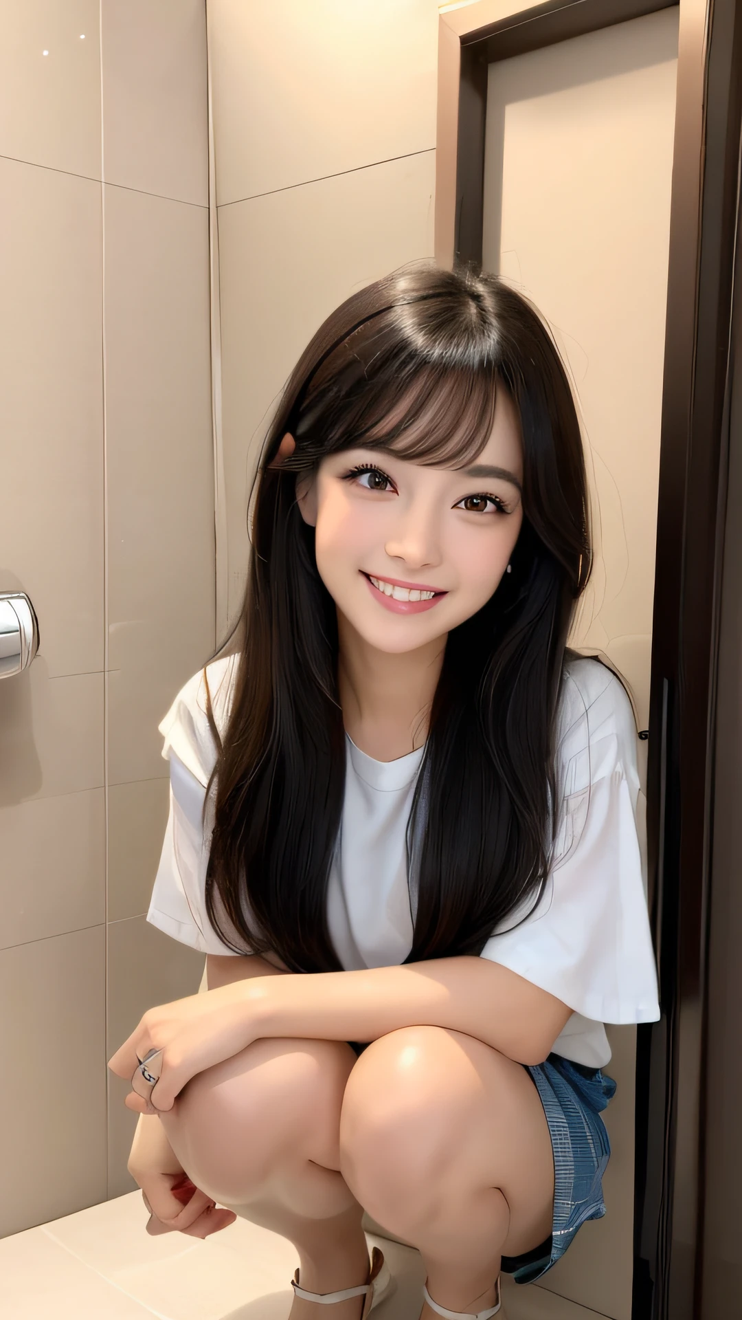 in 8K、超A high resolution、Best Quality、I can see panties、Squatting、Facing the front、(toilet room:1.4) Long Black Hair、Happy smile、Smile happily、pretty black hair、big eye、Distinct double eyelids、Lashes、(gazing at viewer、Highlights in the eyes、Light brown eyes、lipgloss)