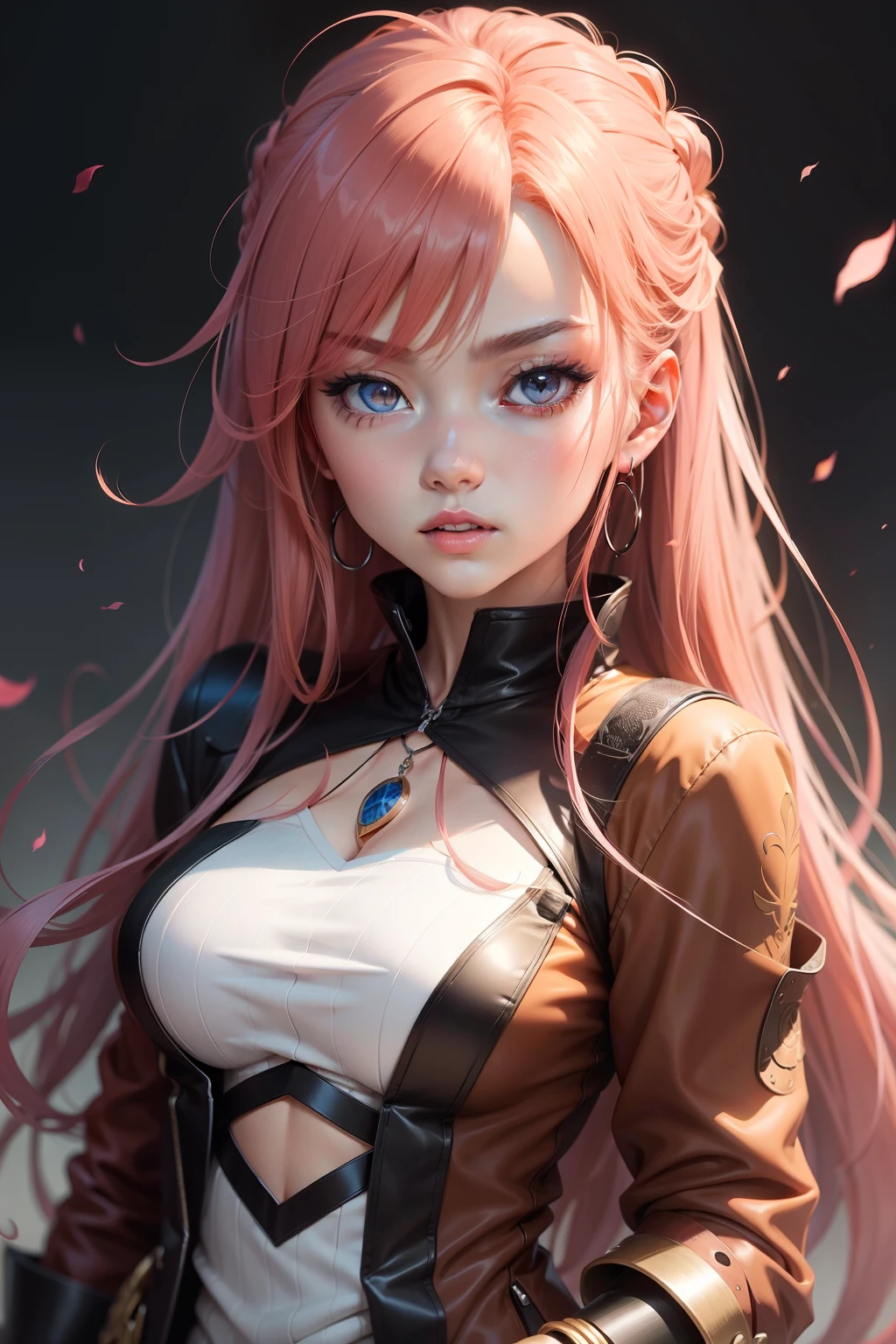 (obra de arte, melhor qualidade, 1 garota, Sozinho, detalhes intrincados, Chromatic aberration), realista, ((Medium Breathment)),Cabelo longo, cabelo rosa, red headdress, destaques rosa, cabelo sobre um olho,olhos roxos, brincos, olhos afiados, gargantilha, camisa neon, jaqueta aberta, corte superior, (olhos de simetria),(perfect symmetrical body),contra a parede, Parede de tijolos, grafite, Poor lighting, beco ,olhe para o visualizador estilo mortal combate estilo Disney