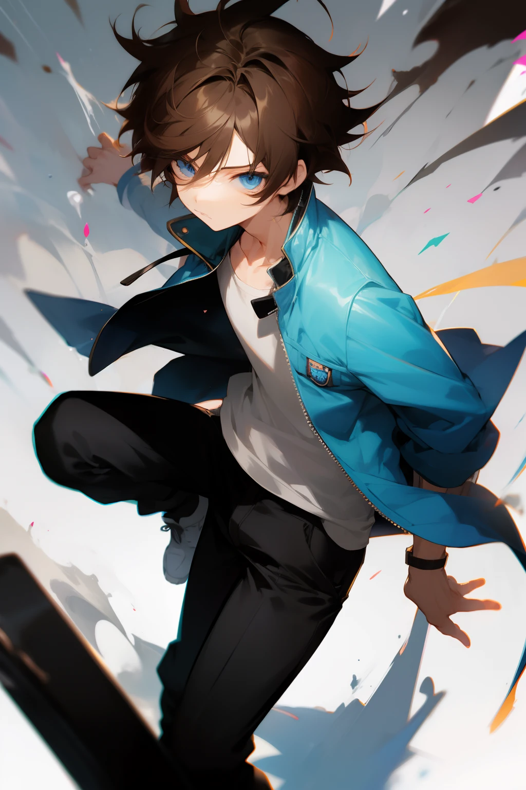 anime, boy, Brown hair, short hair, blue eyes, stylish jacket, black pants, Messy hair, has the body facing the viewer