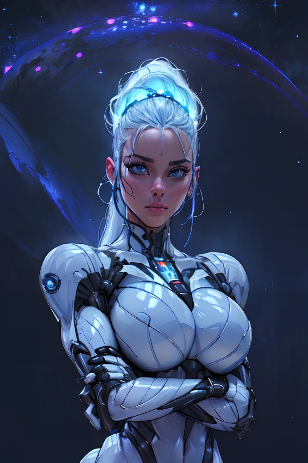 RAW, 1girl, colorful, ((white matte armor, blue lights )), (masterpiece, best quality), (gigantic breasts:1.2), (uniboob:1.5) (detailed skin:1.3, detailed face:1.3), dslr, realistic, (((seductive pose, detailed galaxy landscape))), delicate, soft colors, cinematic lighting