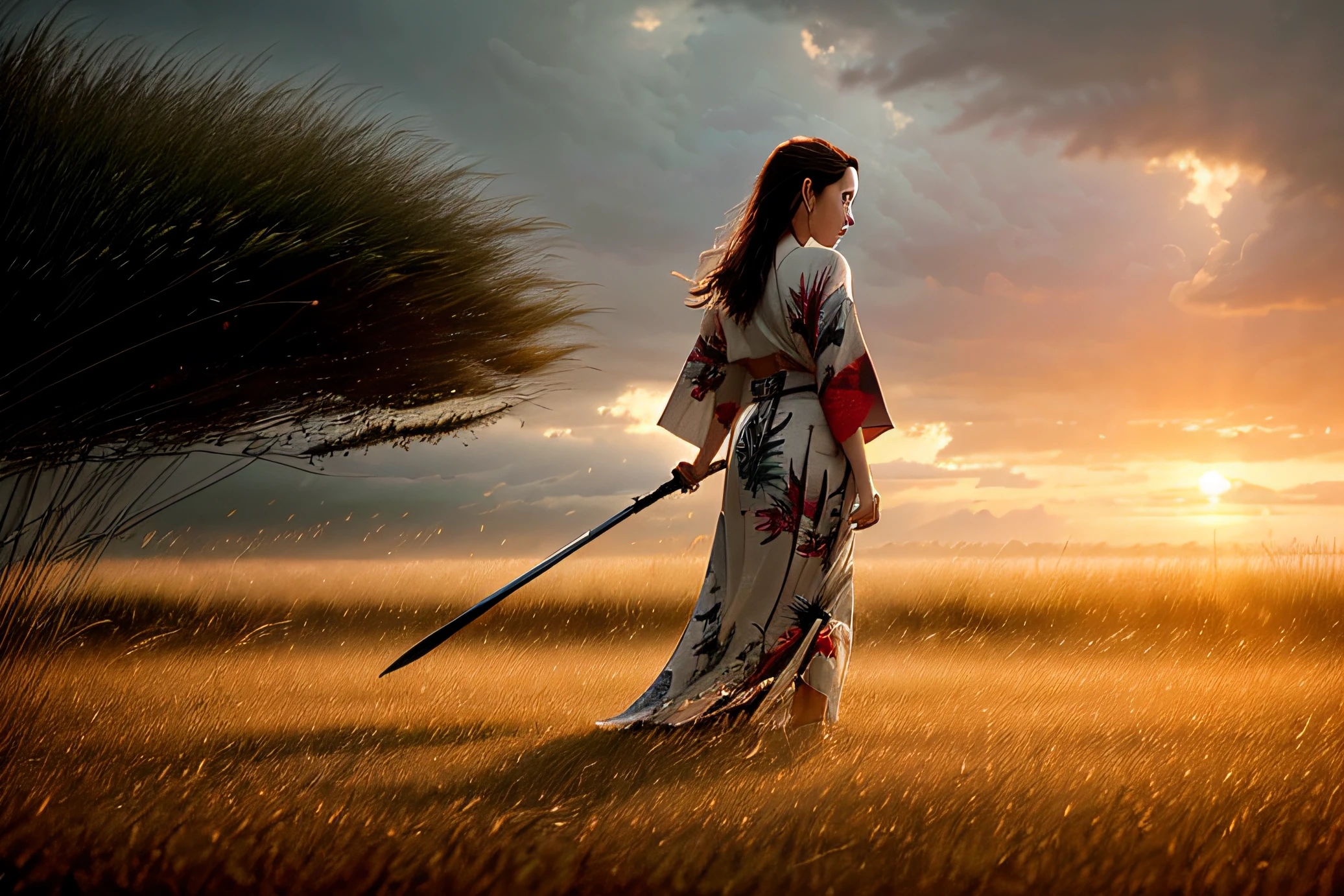 a lone Angelina Jolie in bloody yukata dancing in the rain, bare feet, from behind, halberd, wavy (tall grass:1.2), sunset, [messy hair], full body, dramatic, backlit, volumetric lighting, (highly detailed:1.2), painting, bloom