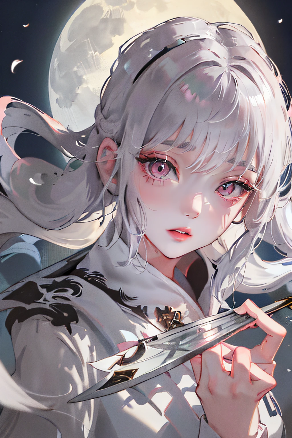 8K, Masterpiece, Best quality, Night, full moon, 1 girl, Chinese style, Chinese architecture, Mature woman, sister, Silver white long haired woman, Long hair, Light pink lips, calm, logical, bangs, Gray pupils, assassins, Fan, Knife fan, petal dancing, Delicate face,