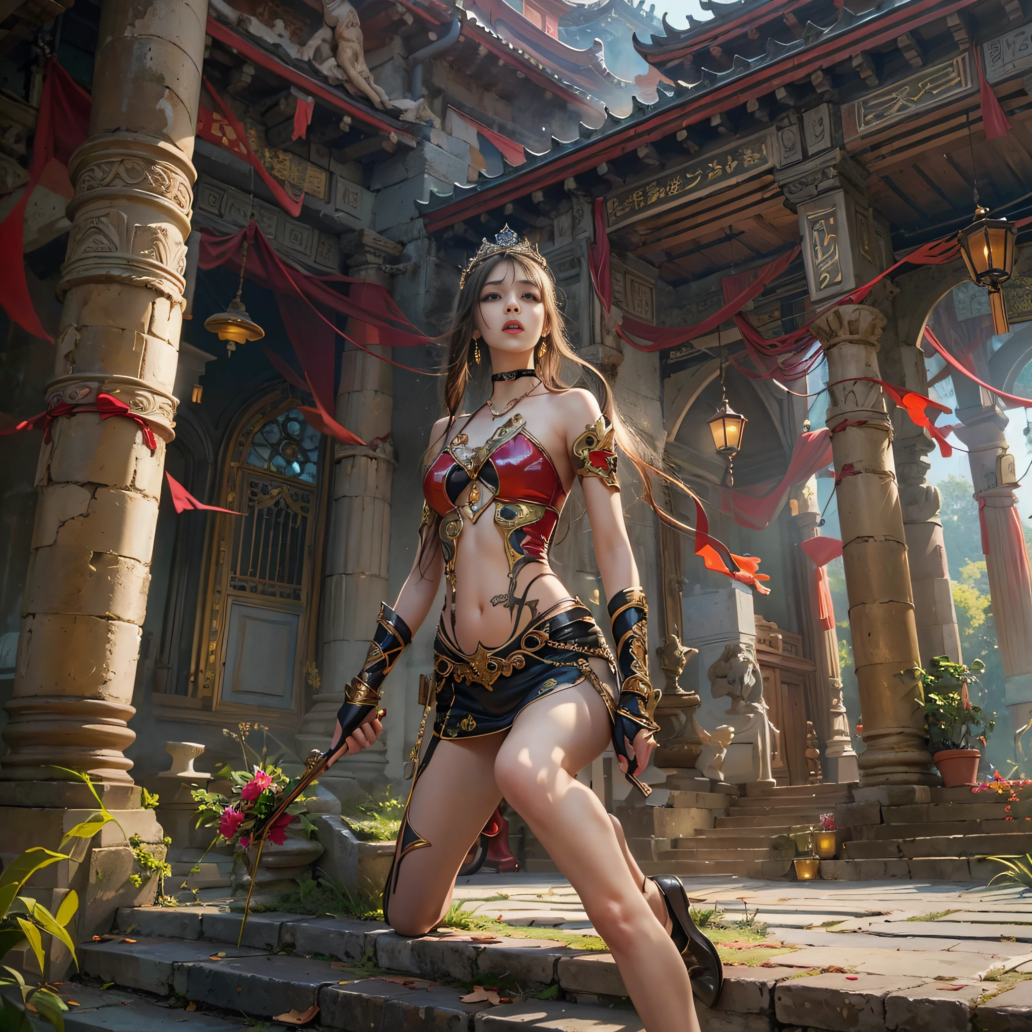 ((masterpiece:1.4)、(top-quality:1.4)、(reallistic:1.7))、Beautiful girl strolling in the garden of fantastic ancient city、Sexy Daughter、Super beautiful girl、1girl in:1.4、Dress like a queen、Glossy luxury latex、Luxury Latex Bodysuit、By Luis Royo、age19、Super Ultra Ultra Bikini、Cute tattoos、Outstanding style、(Two legs are drawn correctly:1.7)、(Two arms:1.4)、anatomical correct、Slender Abs、(beauty legs:1.4)、beautiful countenance、kawaii faces、Beautiful ass、A detailed eye、beautidful eyes、Raw photo、red-lips、Red high heels、a choker、a necklace、耳Nipple Ring、Fantasy of an ancient city、Fantasy worldview