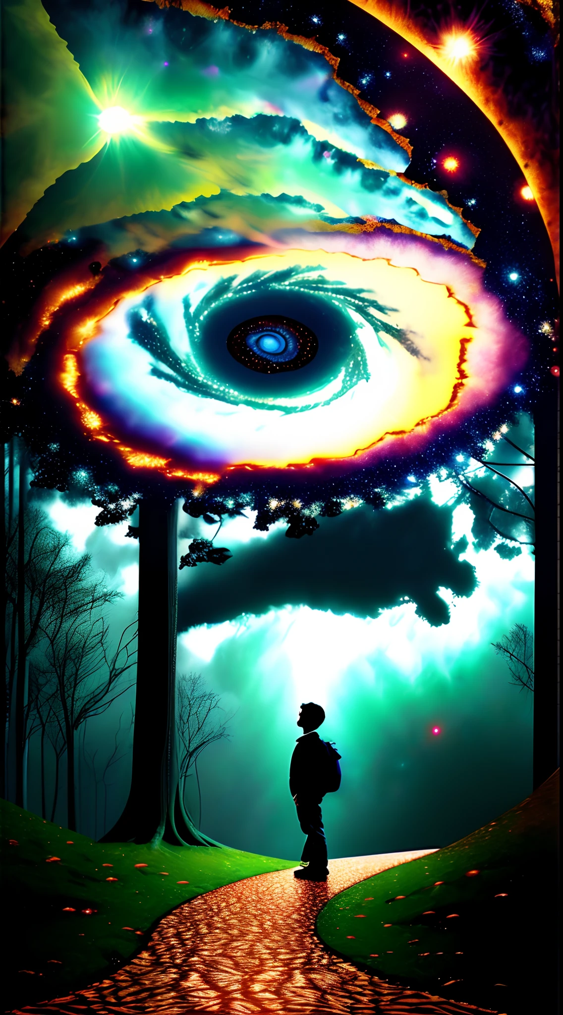 Incredible and spectacular scene, a "((high quality)), (detailed)), ((fantasy)), illustration, perspective (45 degree tilt angle), theme (enchanted forest style), scene elements (handsome boy, beautiful girl), picture quality (3D rendering effect), exquisite details, beautiful lights "emerge from glowing clouds, fractal nebula lines, cosmic entities, celestial bodies, universes, vibrant and vivid, swirling, rotating, impractical, high contrast, co-metabolic, magical, mysterious, mysterious, surreal, Oversaturated, colorful
