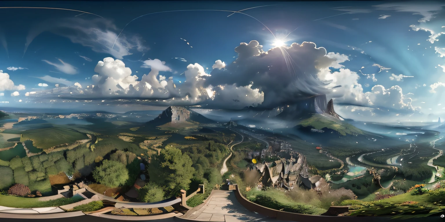 an equirectangular panorama 360, Style ModelShoot, (Highly detailed 8k CG unit wallpaper), ciel avec nuages et rayonnement du soleil, De vrais nuages incroyables, Tendances dans ArtStation, pixiv, hyper-detailed Unreal Engine 4k 8k ultra HD, J.r. Tolkien, katshurio Otomo, woods, Masterpiece, Art conceptuel, J.r. Tolkien, Claude Lorrain, tendance dans ArtStation, tendance de la SCG, complexe, High detail,  mise au point nette, Pixar's dramatic painting and photorealistic art