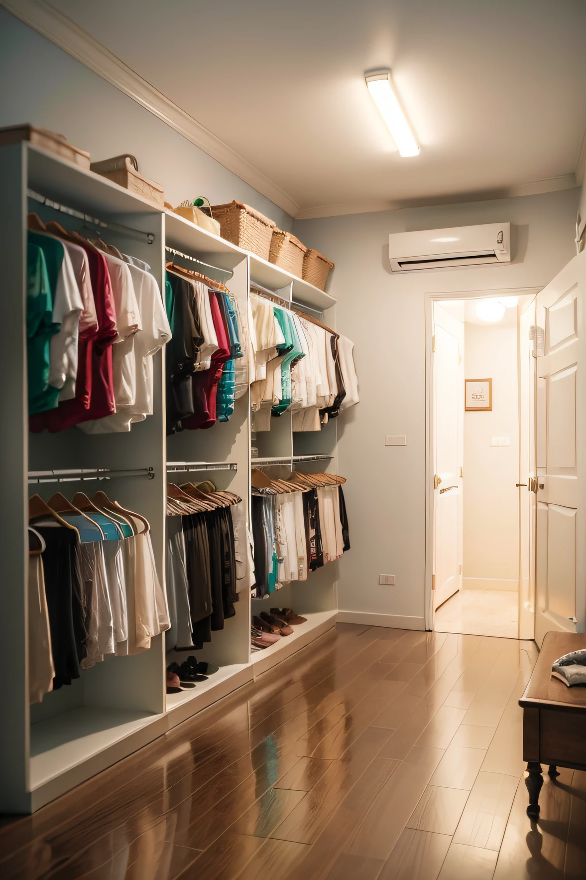 crie uma imagem de uma loja de roupas infantis contendo cabide e arara de roupas