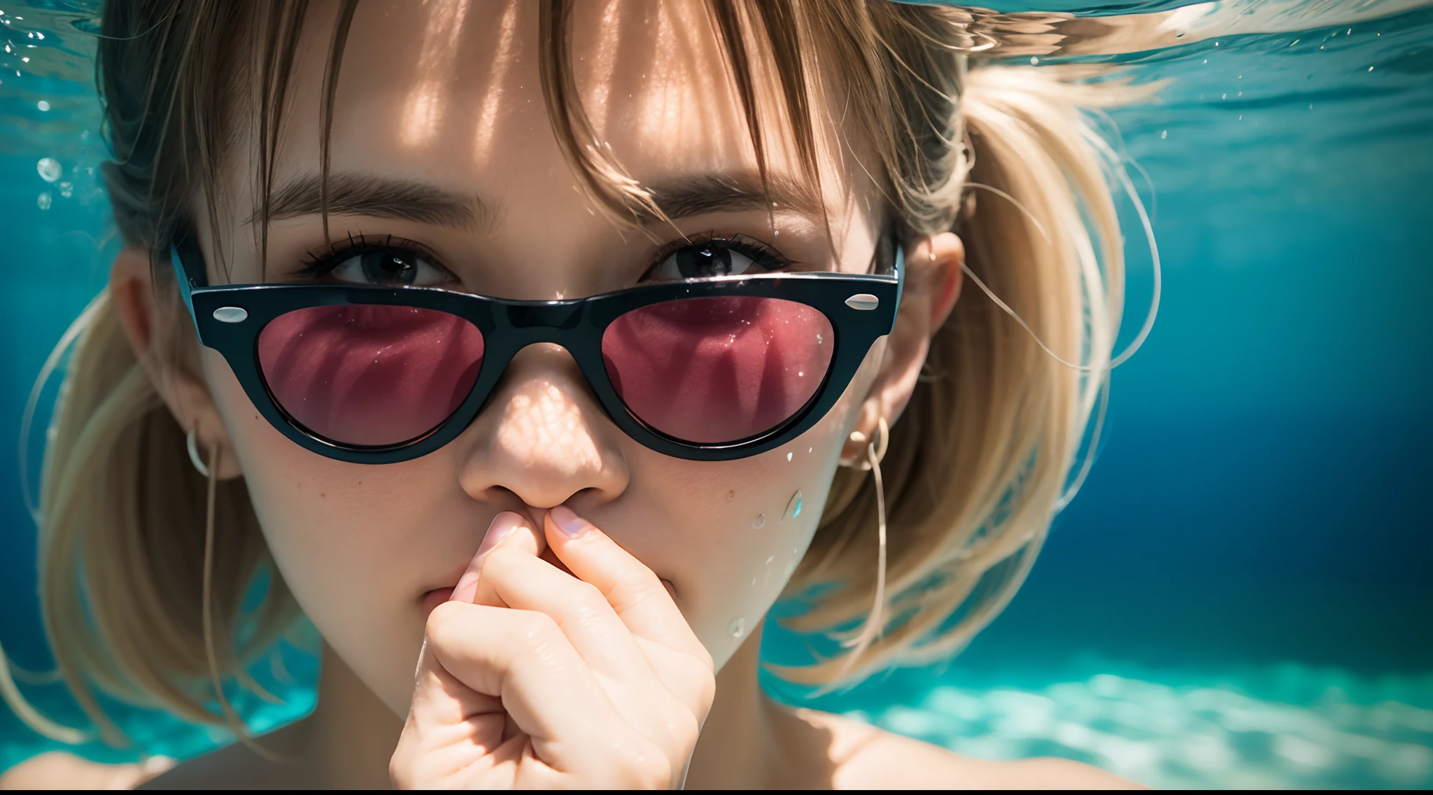 Pool, Woman half out of the water, blonde hair, ponytail, sunglasses, aqua eyes, full blush, nose blush, covering mouth, crystal earrings, partially underwater shot, macro photo, from below, reflection light, anaglyph, Verism, UHD, high details, best quality, 1080P, HD, 16k, highres