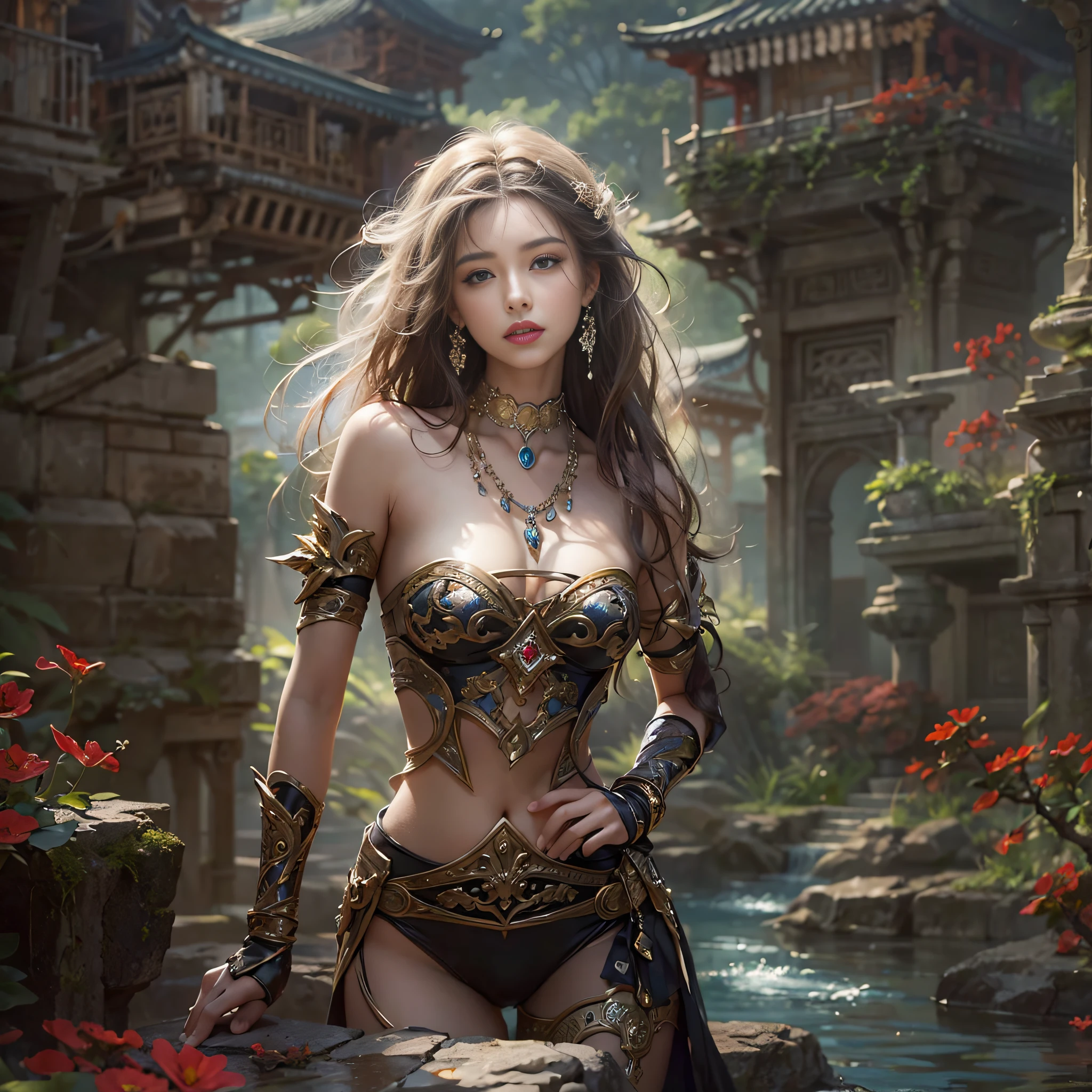 ((masterpiece:1.4)、(top-quality:1.4)、(reallistic:1.7))、Beautiful girl strolling in the garden of fantastic ancient city、Sexy Daughter、Super beautiful girl、1girl in:1.4、Dress like a queen、Glossy luxury latex、Luxury Latex Bodysuit、By Luis Royo、age19、Super Ultra Ultra Bikini、nose piercing、belly button piercing、body piercings、Close-up photos、Outstanding style、(Two legs are drawn correctly:1.7)、(Two arms:1.4)、anatomical correct、Slender Abs、(beauty legs:1.4)、beautiful countenance、kawaii faces、Beautiful ass、A detailed eye、beautidful eyes、Raw photo、red-lips、Red high heels、a choker、a necklace、耳Nipple Ring、Fantasy of an ancient city、Fantasy worldview