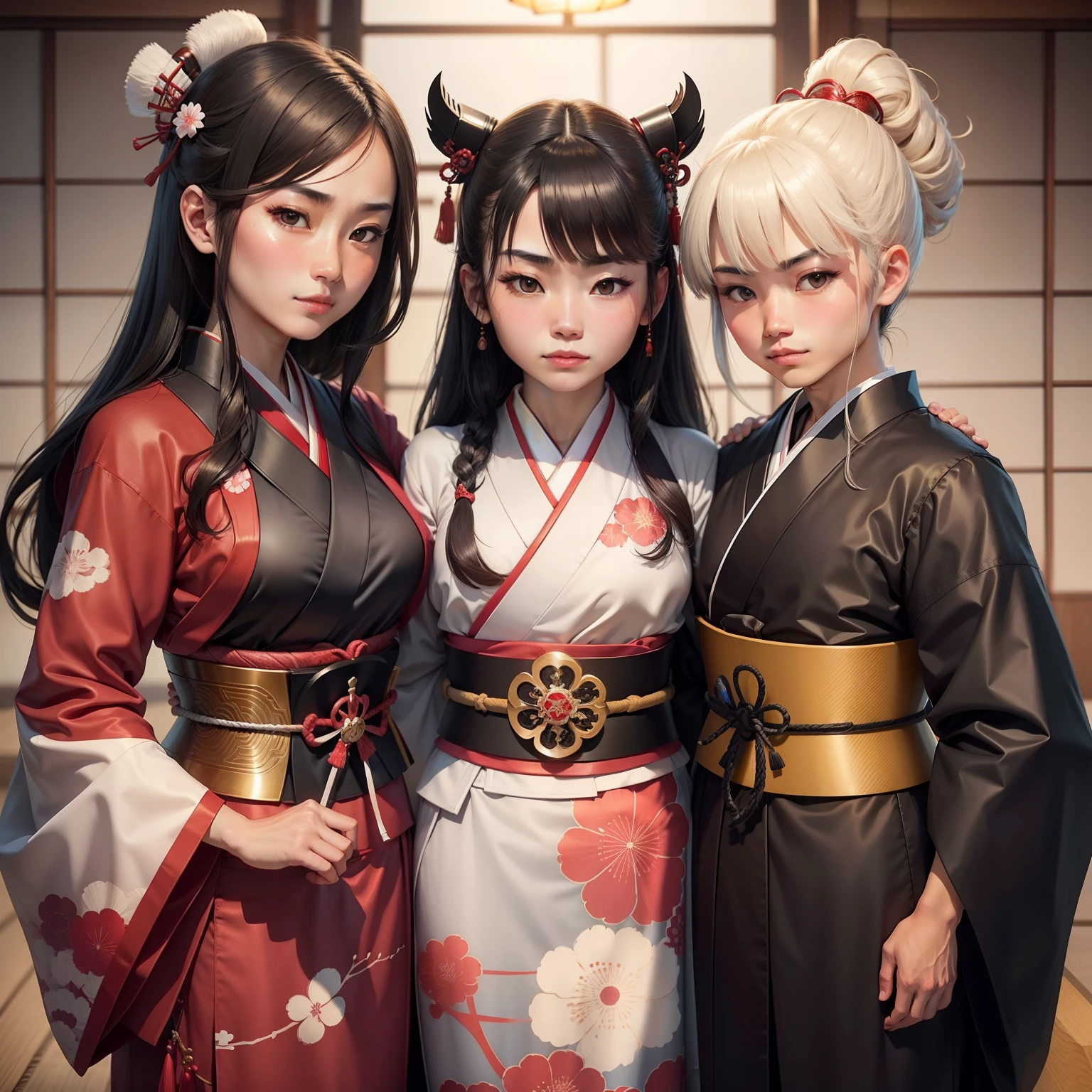 Create a handsome Japanese samurai，Arms around two cute girls wearing kimonos。