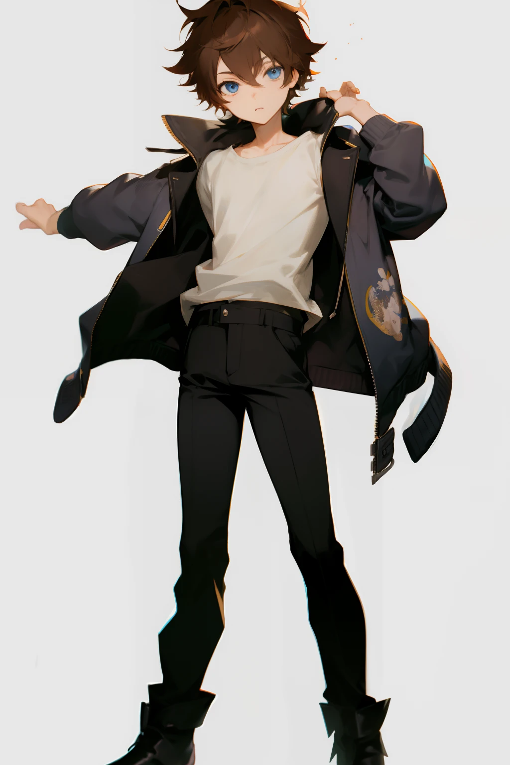 anime, boy, Brown hair, short hair, blue eyes, stylish jacket, black pants, Messy hair, the picture is from the waist up