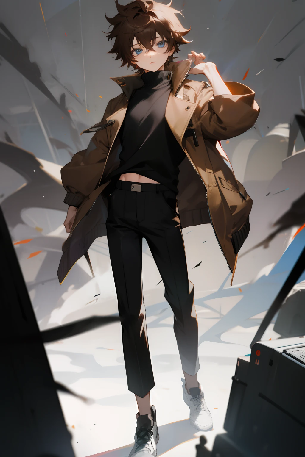 anime, boy, Brown hair, short hair, blue eyes, stylish jacket, black pants, Messy hair, the picture is from the waist up