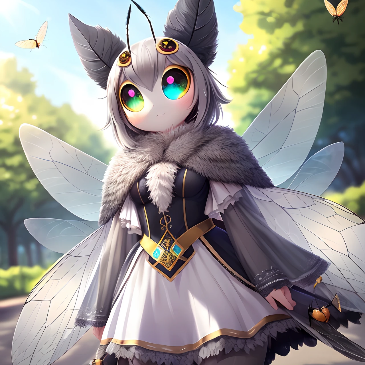 ((cute anthro moth)), (insect girl, insect eyes:1.3), female, heterochromia, (with gray moth wings covered with gray fur:1.3), full body covered with colorful fluffy fur, full body, intricate, detailed, sharp focus, blurry background, park background, trending on Pixiv, 4k