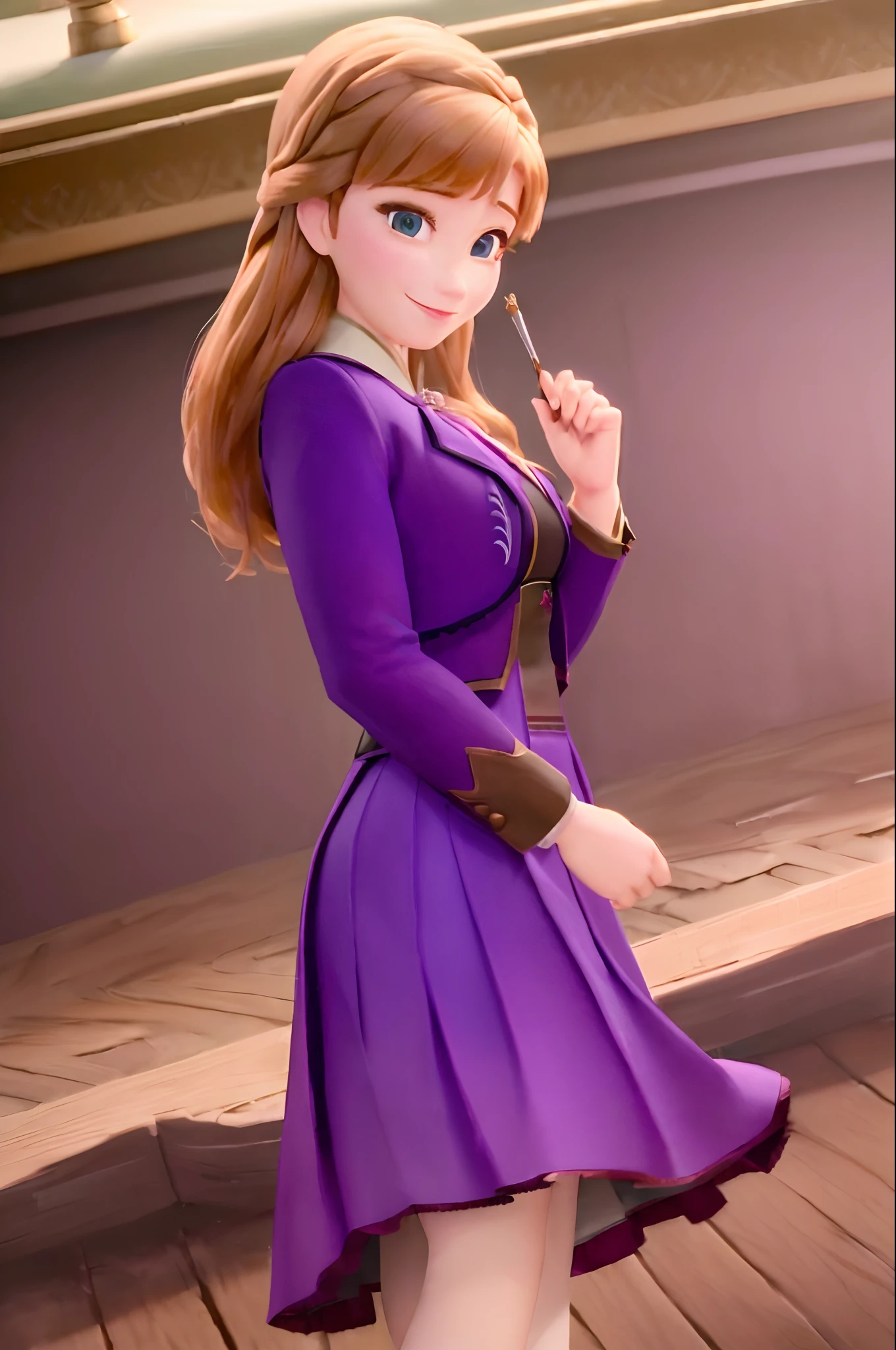 (masterpiece:1.4), (best qualit:1.4), (high resolution:1.4), anna of arendelle, looking at viewer, smile, purple skirt suit