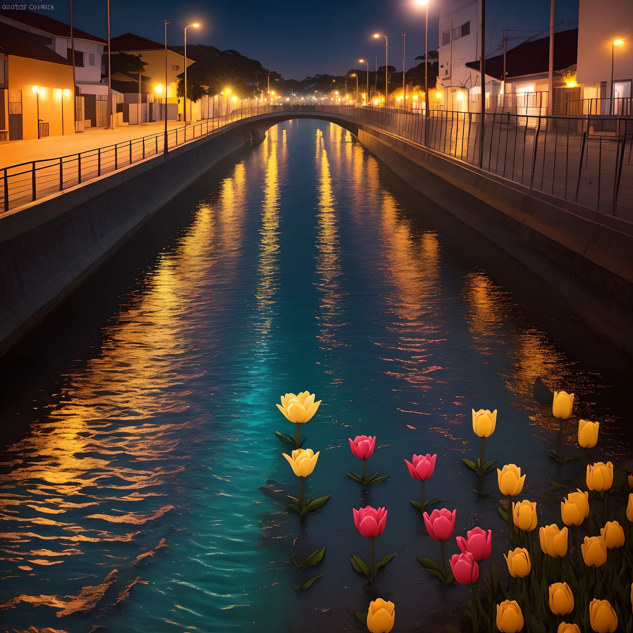 Foto realista natural de tulipas vermelhas ao fundo um rio em corredeira a luz da lua a noite