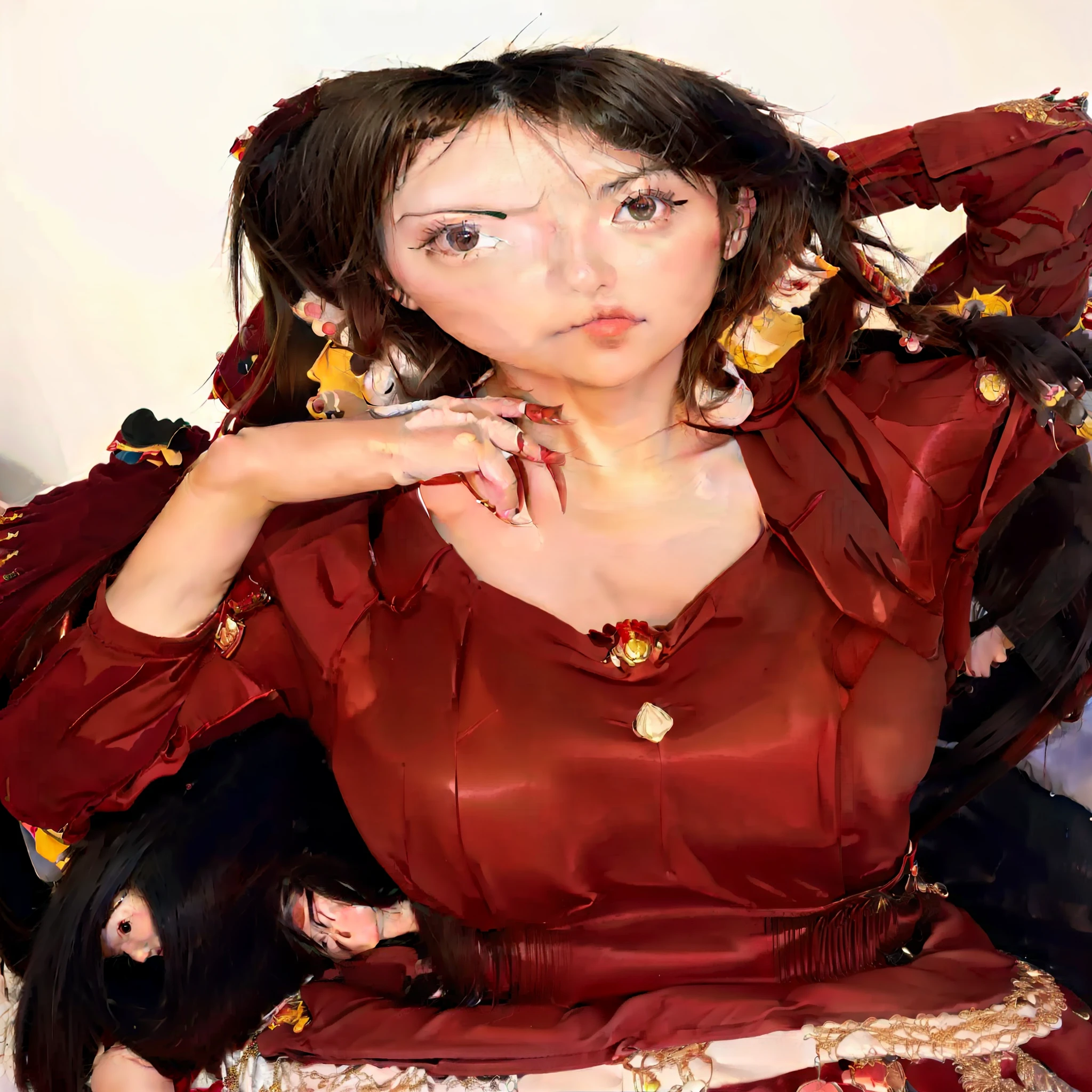 anime girl with long black hair and red dress posing for a picture, nico robin, rin tohsaka, beautiful anime woman, beautiful alluring anime woman, ((a beautiful fantasy empress)), from one piece, anime woman, rei hino as a princess, inspired by Kusumi Morikage, wearing gilded red robes, royal attire akira, fine details. anime