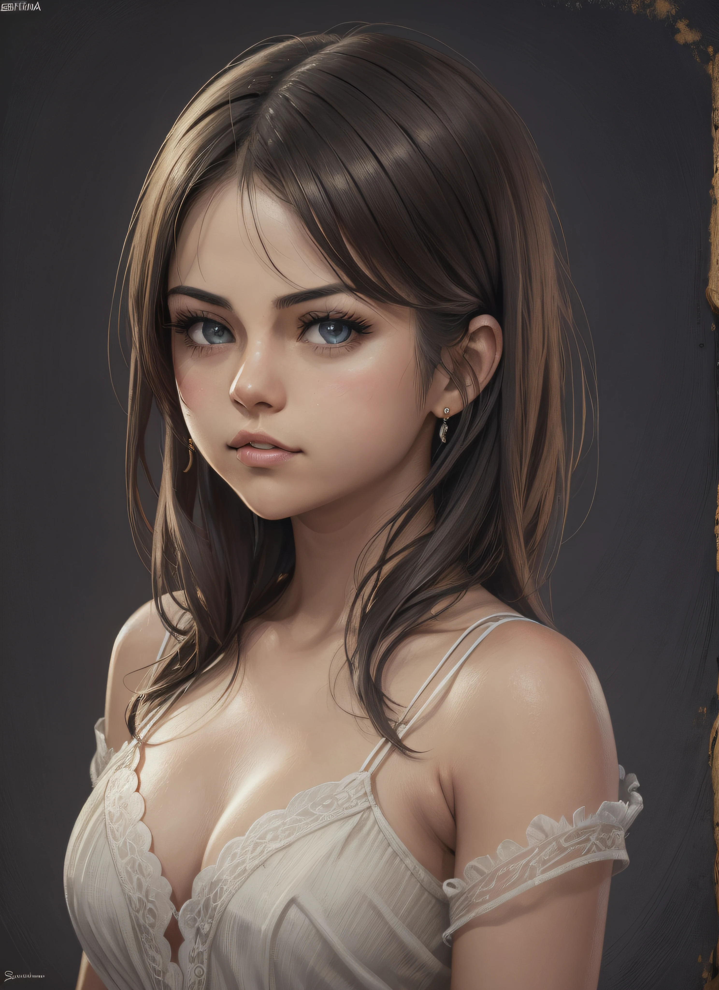 (obra maestra), (parte superior del cuerpo), (nipple erect), retrato, selena gomez, 18-year-old Nordic girl, sexy, mirando al espectador, cabello largo trenzas, ojos grandes azules, small mouth, labios grandes detallados, Girl, sad emotional expression, Peinado de capas frontales, girl face, desnuda, enfoque facial,, perfect composition, dark background with rust texture, hiperrealista, Kinematic, Super detailed, 8k, alta calidad, Arte de tendencias, tendencias en Artstation, foco nítido, Foto de estudio, Detalles intrincados, Altamente detallado, por el senor de los Anillos