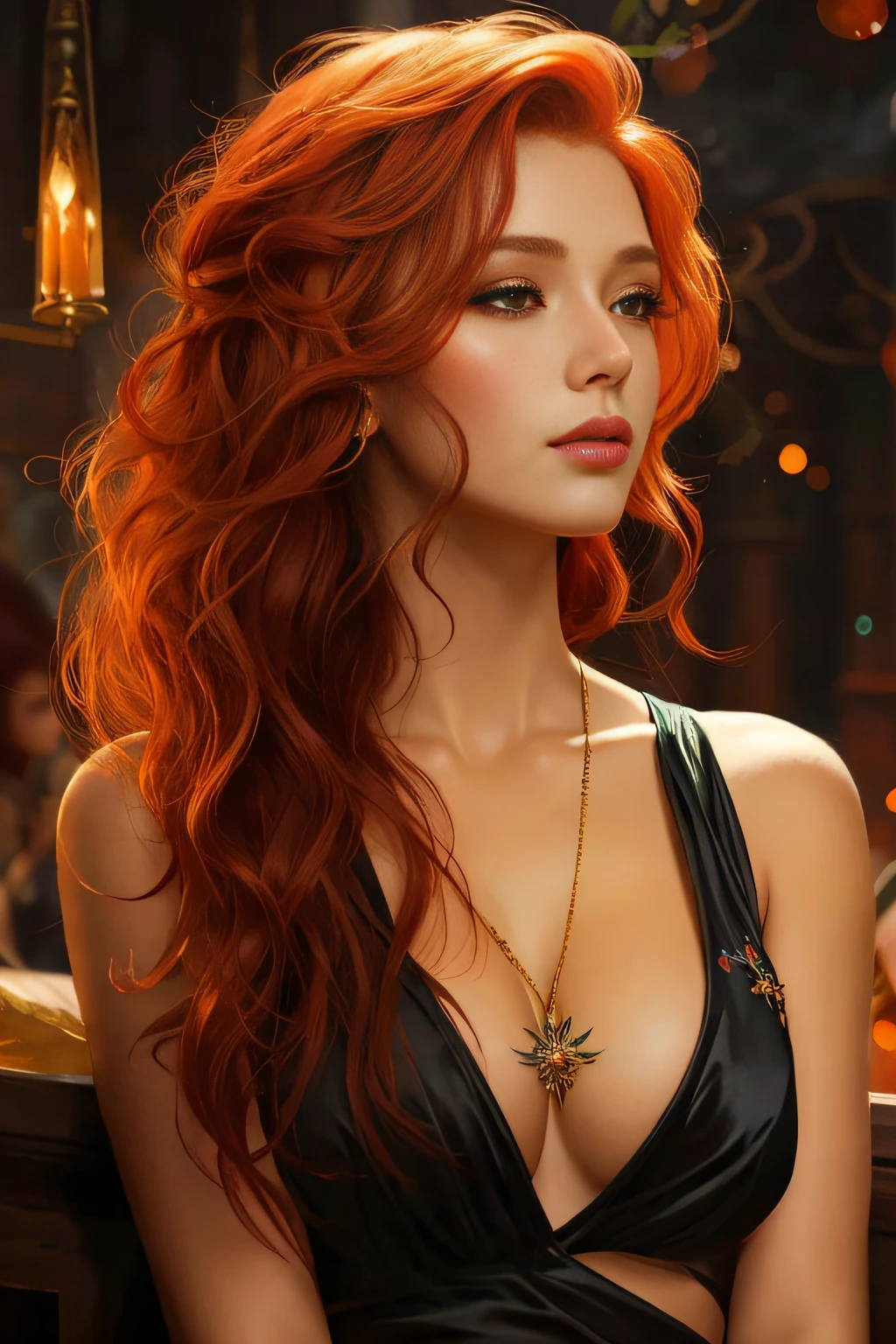 uma mulher com cabelo vermelho e um colar em um vestido preto, Deusa dos cabelos ruivos, pintura de personagem bonita, retrato bonito da arte da fantasia, lindo pintura digital, Redhead Girl, arte de personagem impressionante, pele laranja e cabelo ardente longo, mulher ruiva bonita, Donzela com cabelo de cobre, mulher ruiva, arte de fantasia hiperrealista, flowing ginger hair, epic fantasy art portrait, pintura de fantasia realista