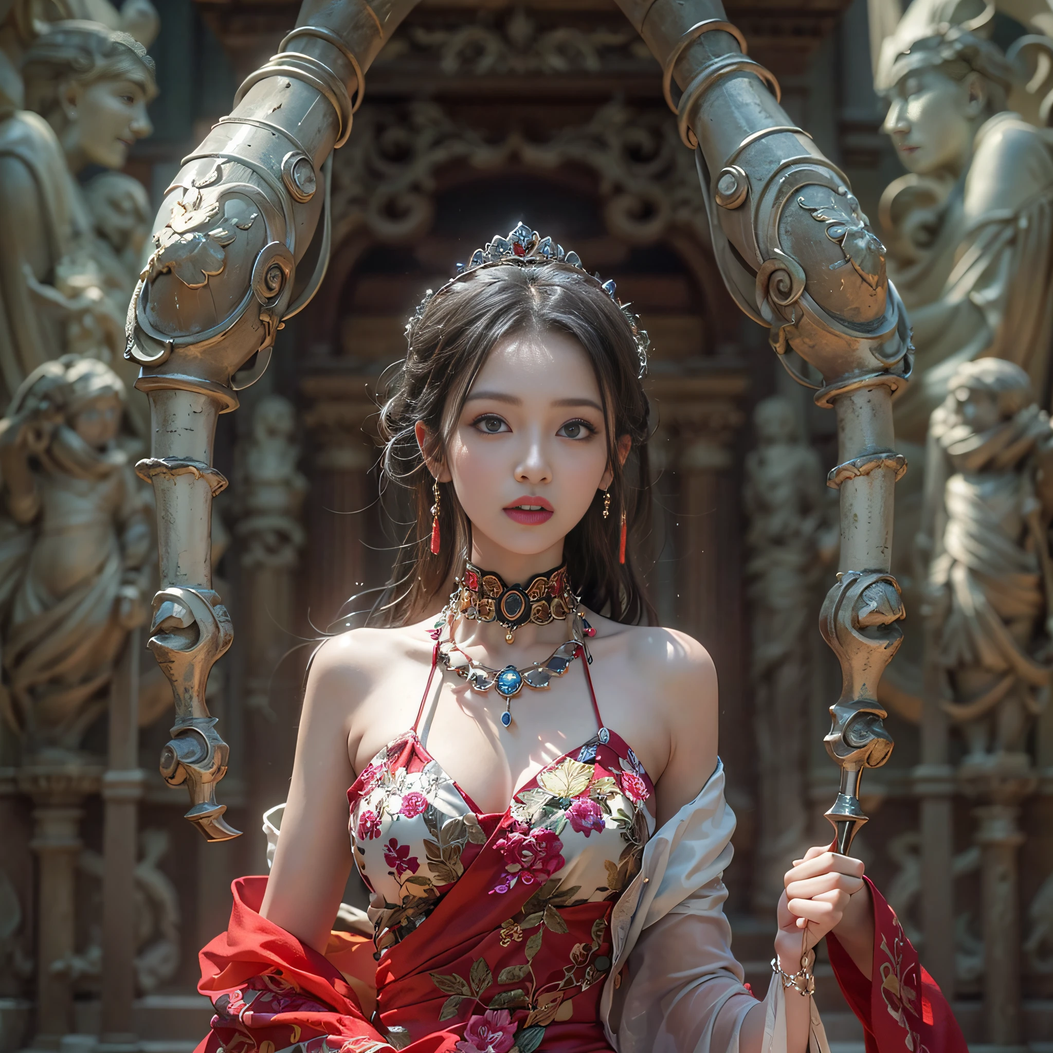 ((masterpiece:1.4)、(top-quality:1.4)、(reallistic:1.7))、Beautiful girl strolling in the garden of fantastic ancient city、Sexy Daughter、Super beautiful girl、1girl in:1.4、Dress like a queen、Glossy luxury latex、Luxury Latex Bodysuit、By Luis Royo、age19、Super Ultra Ultra Bikini、nose piercing、belly button piercing、body piercings、Close-up photos、Outstanding style、(Two legs are drawn correctly:1.7)、(Two arms:1.4)、anatomical correct、Slender Abs、(beauty legs:1.4)、beautiful countenance、kawaii faces、Beautiful ass、A detailed eye、beautidful eyes、Raw photo、red-lips、Red high heels、a choker、a necklace、耳Nipple Ring、Fantasy of an ancient city、Fantasy worldview