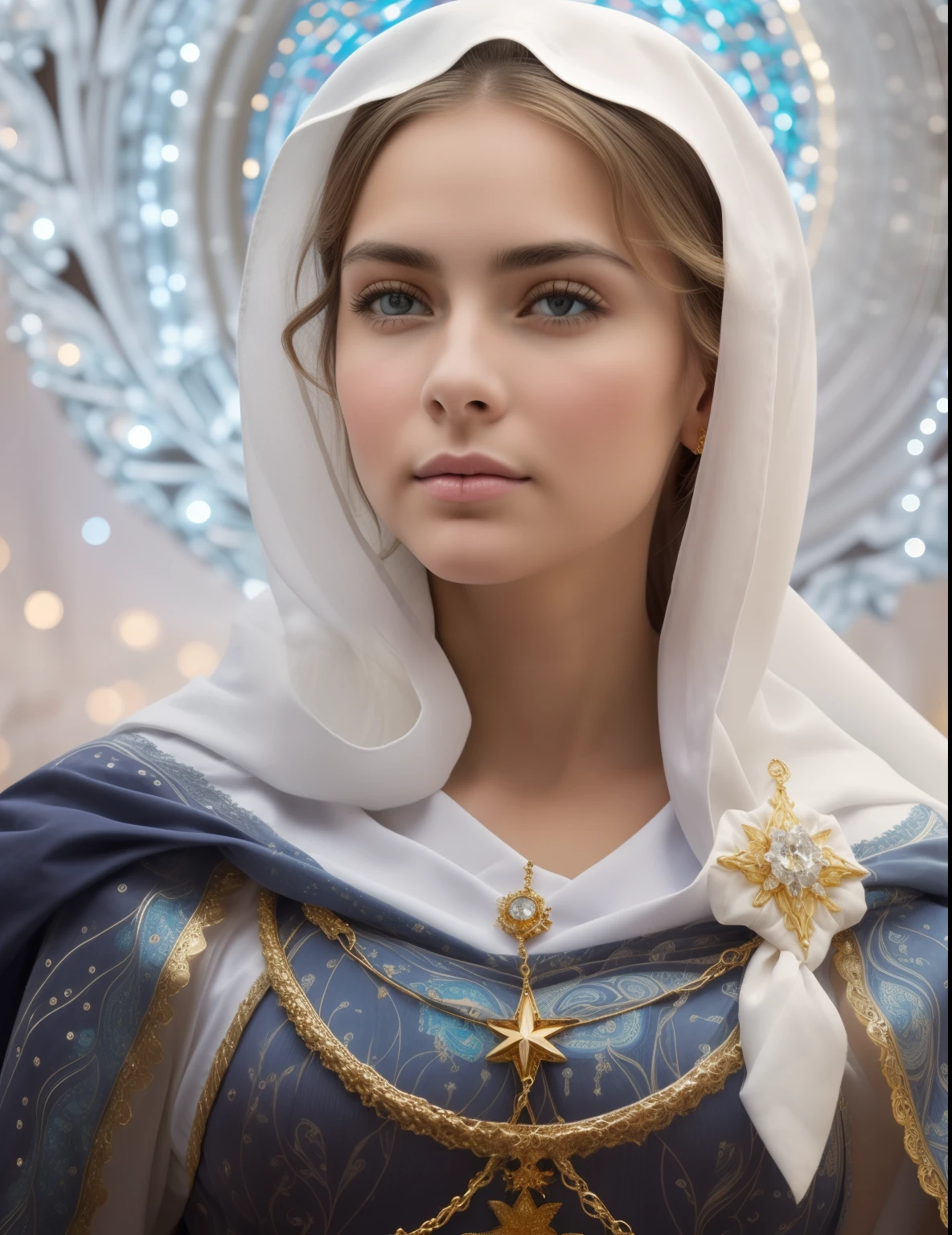 ((Blessed Virgin Mary. 19 years old))) ((( Con una cara seria y piadosa. Con una mirada dulce y tierna))) (obra maestra, calidad superior, mejor calidad, arte oficial, beautiful and aesthetic: 1.2), (1girl), extremadamente detallado, (Arte fractal: 1.3), colorido, highest detailed, Cara perfecta, parte superior del cuerpo, HDR, (orando: 1.3), (golden lines of white coat: 1.2), galaxia, (rayas de luz), eye-catching visuals, (dynamic stripes, senderos luminosos: 1.2), colores vibrantes,