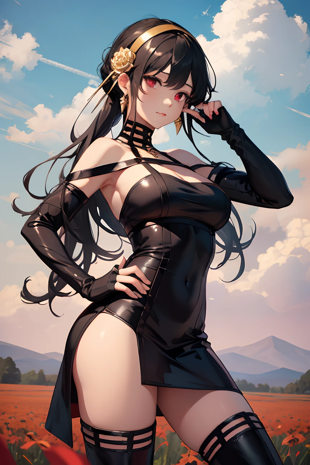 masterpiece, best quality, highres, aayorf, sidelocks, gold hairband, hair ornament, red eyes, gold earring, large breasts, choker, bare shoulders, black dress, two-sided dress, fingerless gloves, thigh boots, cowboy shot, standing, field, from side,