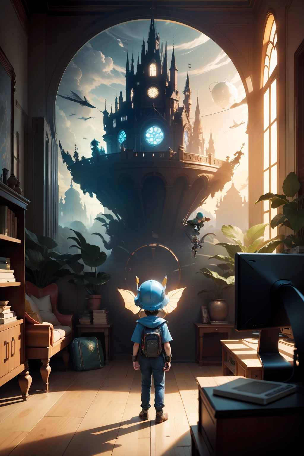 dynamic scene. close-up. Funny little boy standing in a gaming computer helmet. Around the boy, barely noticeable huge fantastic fairy-tale creatures and characters of a computer game are flying in a circle. Room with extensive furniture. Lots of details. light haze.