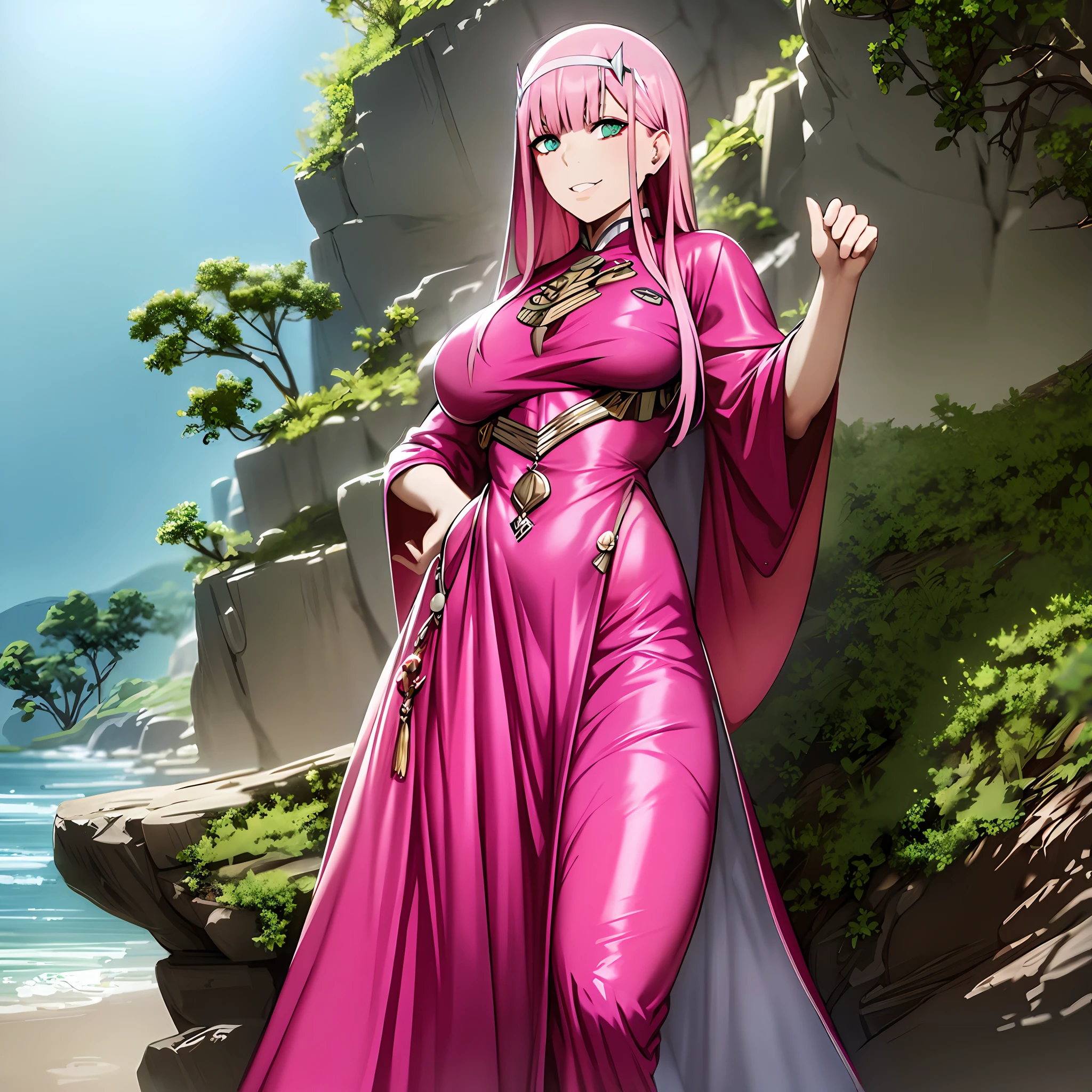 masterpiece, best quality, 1girl, looking at viewer, cute, beach, sunlight, ocean, medium breasts, thighhighs, black thighhighs, green eyes, zero two \(darling in the franxx\), pink hair, beautiful detailed eyes, beautiful detailed glow, lots of glow, arms behind head, embarrassed,, long dress, walking, long skirt, modest, victorian clothing, lodress, pants, smile, big breast, long skirt, skirt, pants, flipflops, priestess