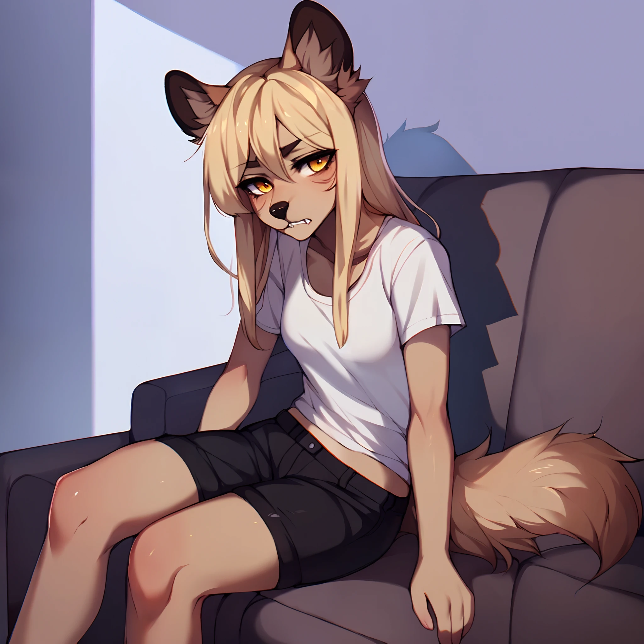 (By hyattlen, by fumiko, by claweddrip):1.2, solo, one girl, a cute tan anthro furry hyena girl, female, fluffy brown ears, (tan_fluffy_body:1.1), black nose, faded yellow eyes, (cute_snout:1.1), fluffy tail, long blonde hair, sharp big canine teeth, small breasts, wearing torn white t shirt, black shorts, sitting on a couch, in a modern living room, (shadowy figure in the background:1.4), shadow couple in the background, sad, looking away, dark room, shadows, detailed background, dimly lit room, tv glow