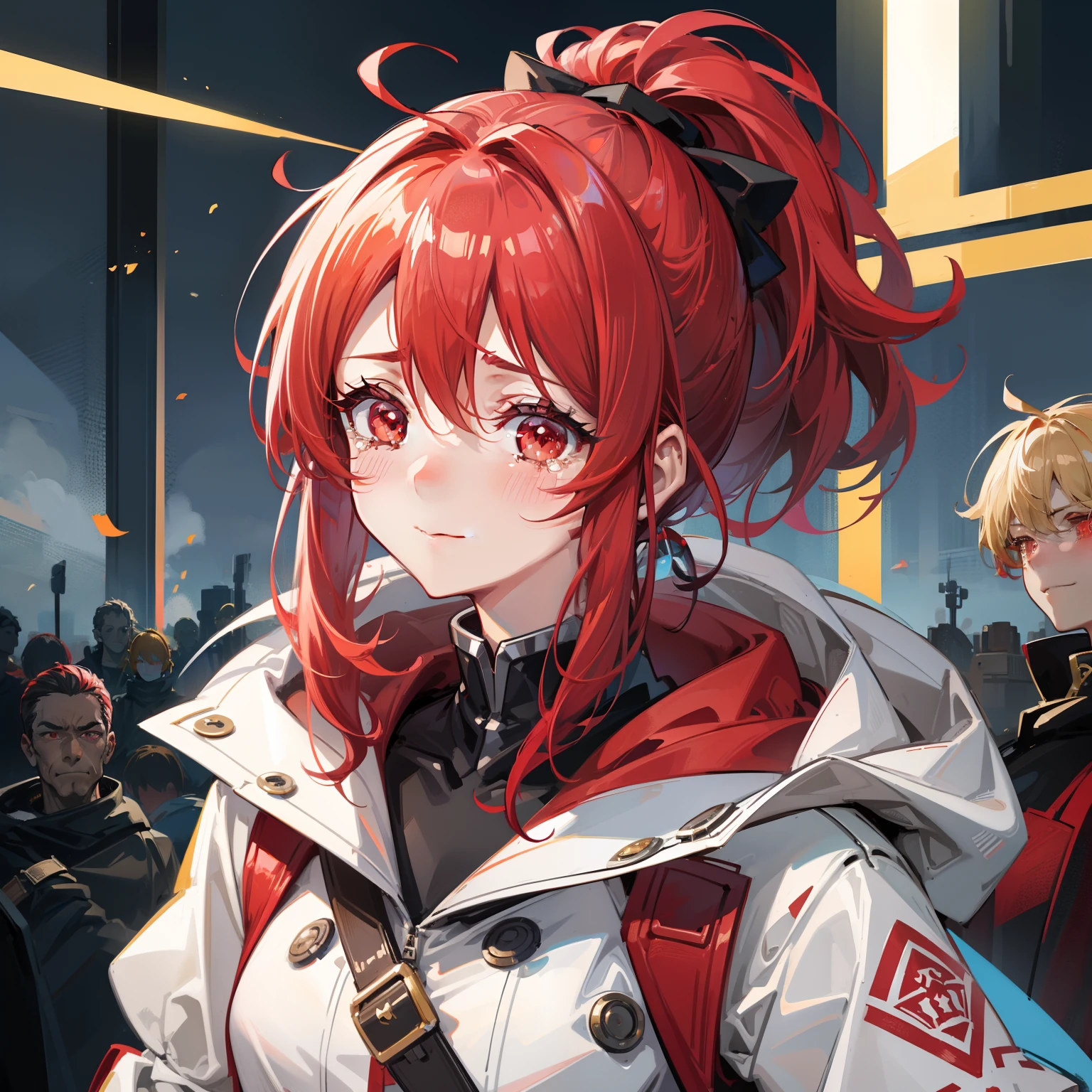 (illustratio),Red ponytail girl,red pupils,Eyes reluctant,Sad smile,wind coat,orthofacial,Tilt your head to look at the audience,streaming tears。