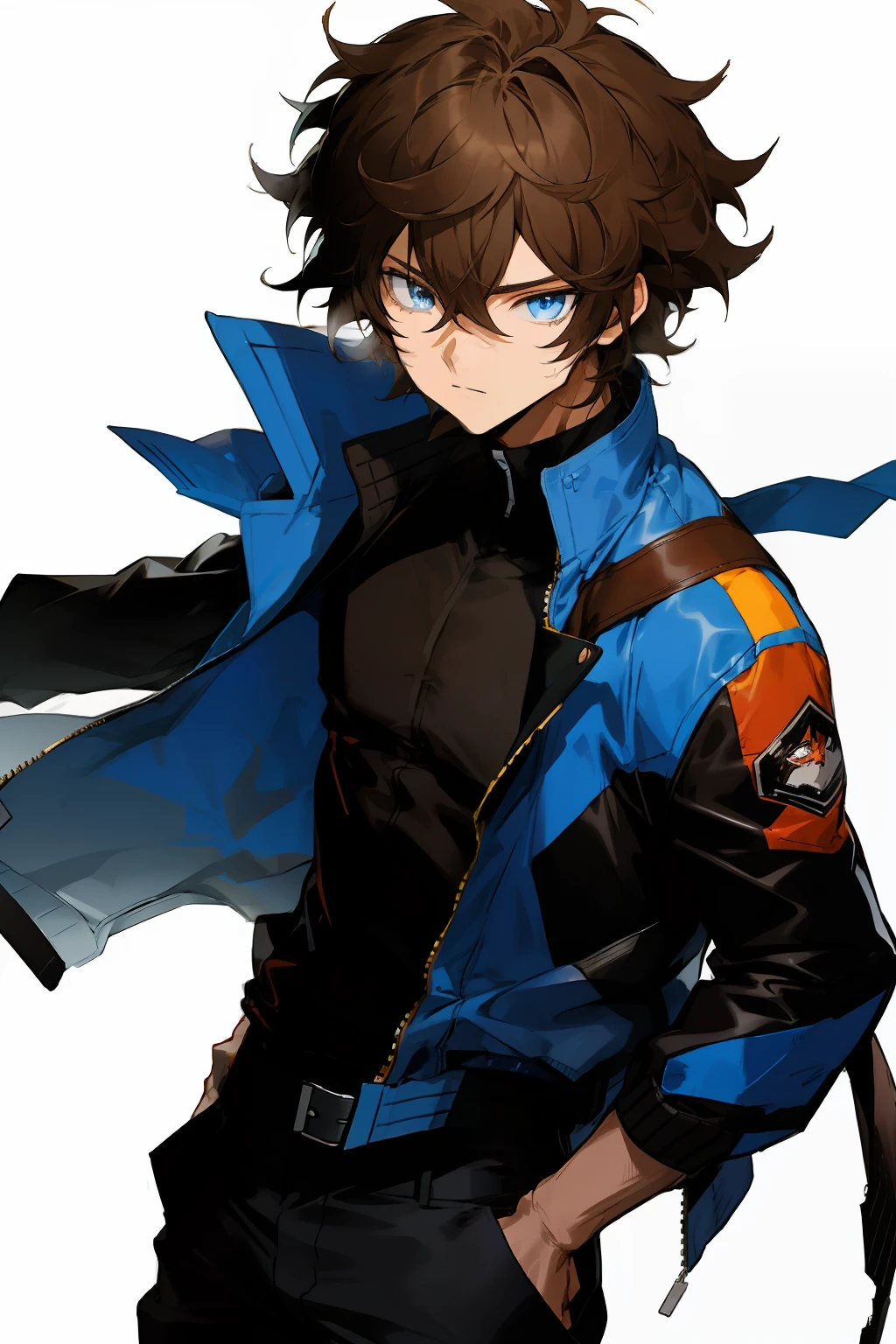 anime, boy, Brown hair, short hair, blue eyes, stylish jacket, black pants, Messy hair,