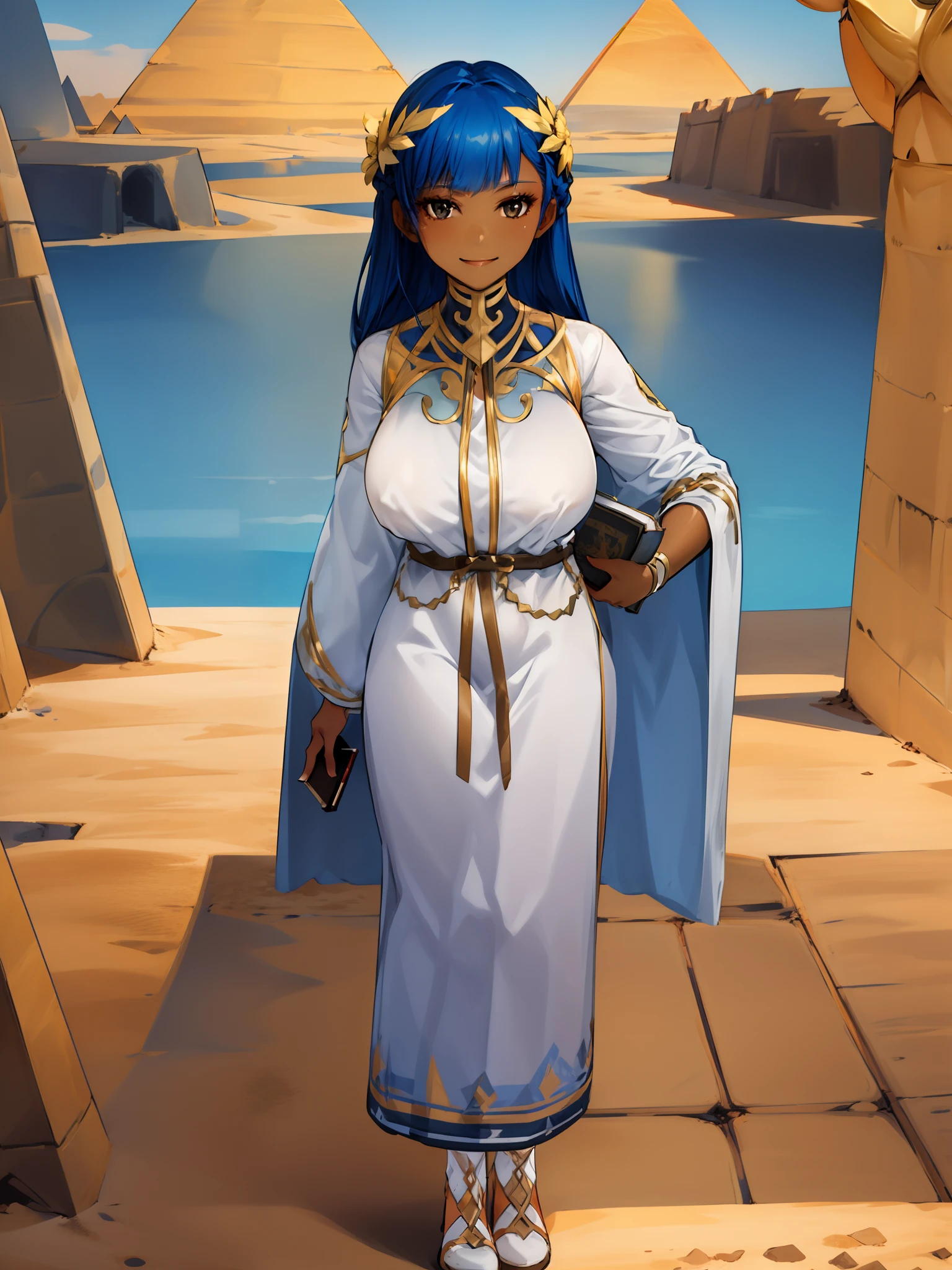 masterpiece, best quality, 1girl,(dark_skin:0.2), cute pose, smiling, white robes, long skirt, ((((desert)))), oasis, looking at viewer, holding a book, beautiful scenery, pyramids, long hair, dynamic pose, ultra-detailed, unity 8k HD wallpaper, sunny,huge breast, walking