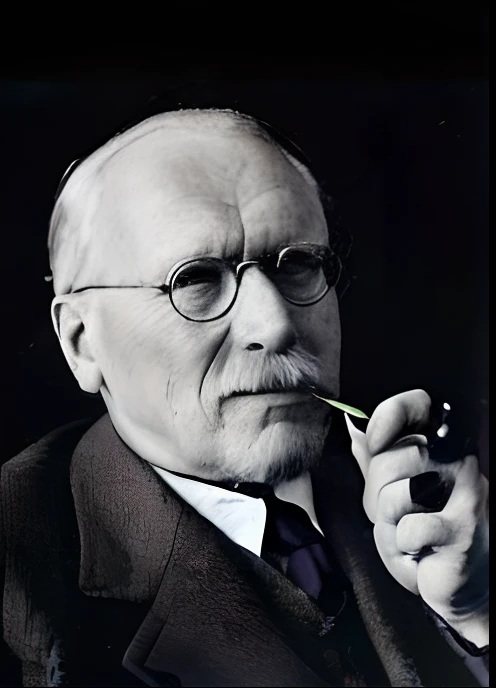 Foto colorida de Carl Jung de terno fumando um cachimbo, Hugo Pratt, Hermann Hendrich, Eero Aarnio, Claes Oldenburg, Herluf Bidstrup, Wagner Fritz, Tolkien, Rudolf Weisse, Karl Heilmayer, Hildebrandt, Henrique Dreyfuss, inspirado por Wilhelm Marstrand, Ernst Haekel