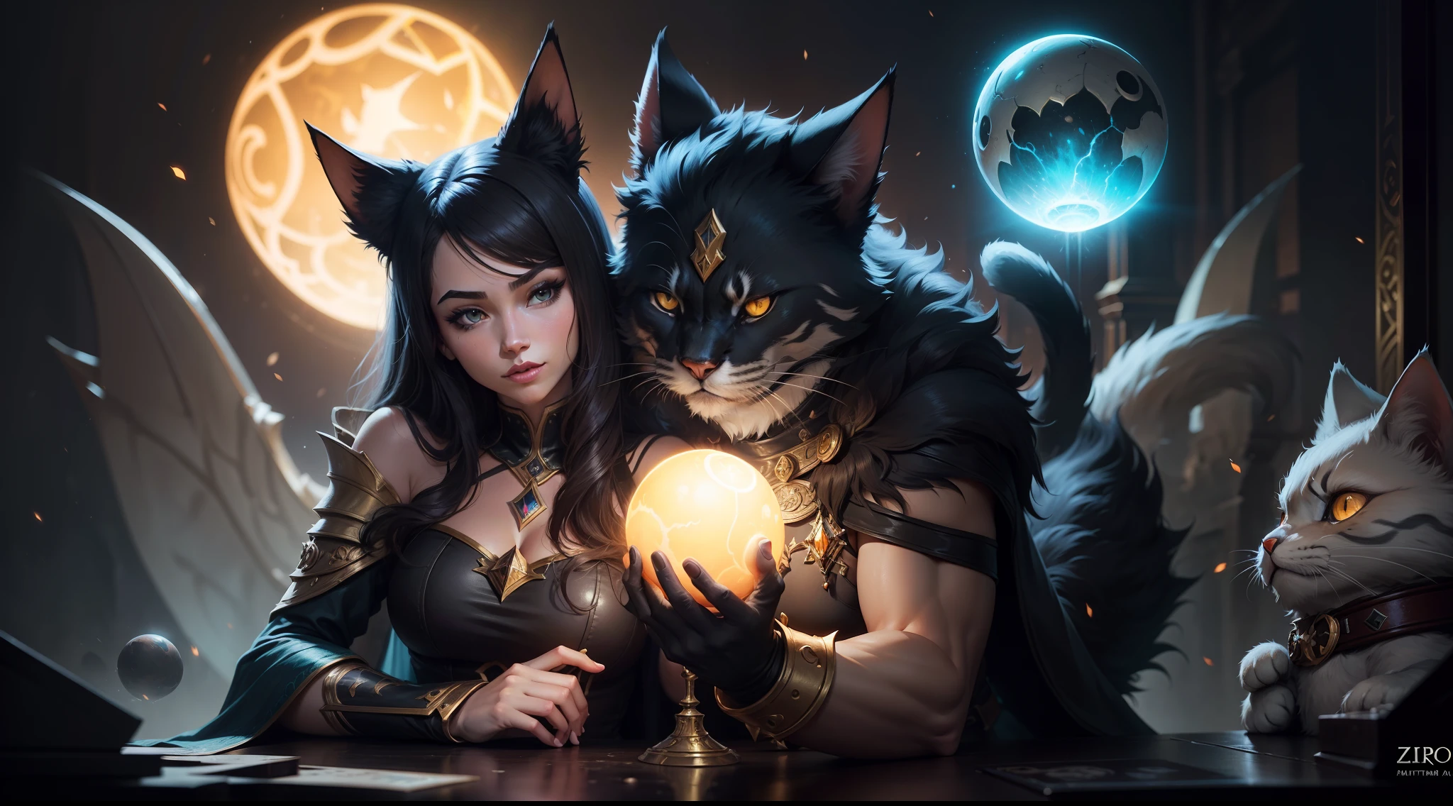 a high fantasy concept of two cats piloting a space ship, through the wide Galaxy background. trending on Artstation. dnd + d& d + mtg + Poxnora, professional zombie design, epic design, epic, 8k, highly detailed, very detailed digital painting, full figure, ultra detailed, photorealistic, unreal engine 5, CGI, high octane render, volumetric lighting, aray tracing