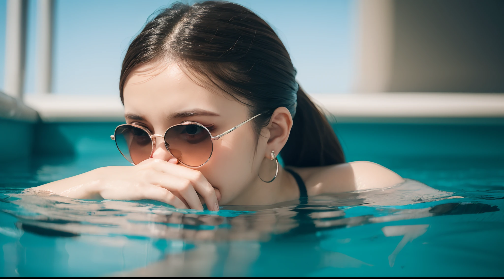 Pool, Woman half out of the water, blonde hair, ponytail, sunglasses, full blush, nose blush, covering mouth, crystal earrings, macro photo, reflection light, anaglyph, Verism, pov, UHD, high details, best quality, 1080P, HD, 16k, highres