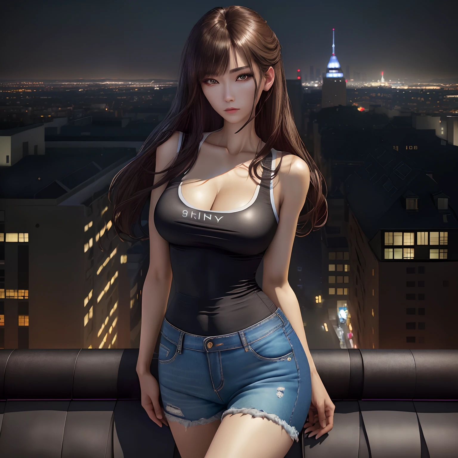 ((Midnight, Best quality, 8k, Masterpiece :1.3)), Whole body, Long legs, Sharp focus :1.2, A pretty woman with perfect figure :1.4, Slender abs :1.1, ((Dark brown hair, Big breasts :1.2)), (White tight tshirt, Jean bib, Standing:1.2), ((Night city view, Rooftop:1.3)), Highly detailed face and skin texture, Detailed eyes, Double eyelid，cleavage，The kinky is exposed，8k，二重まぶた