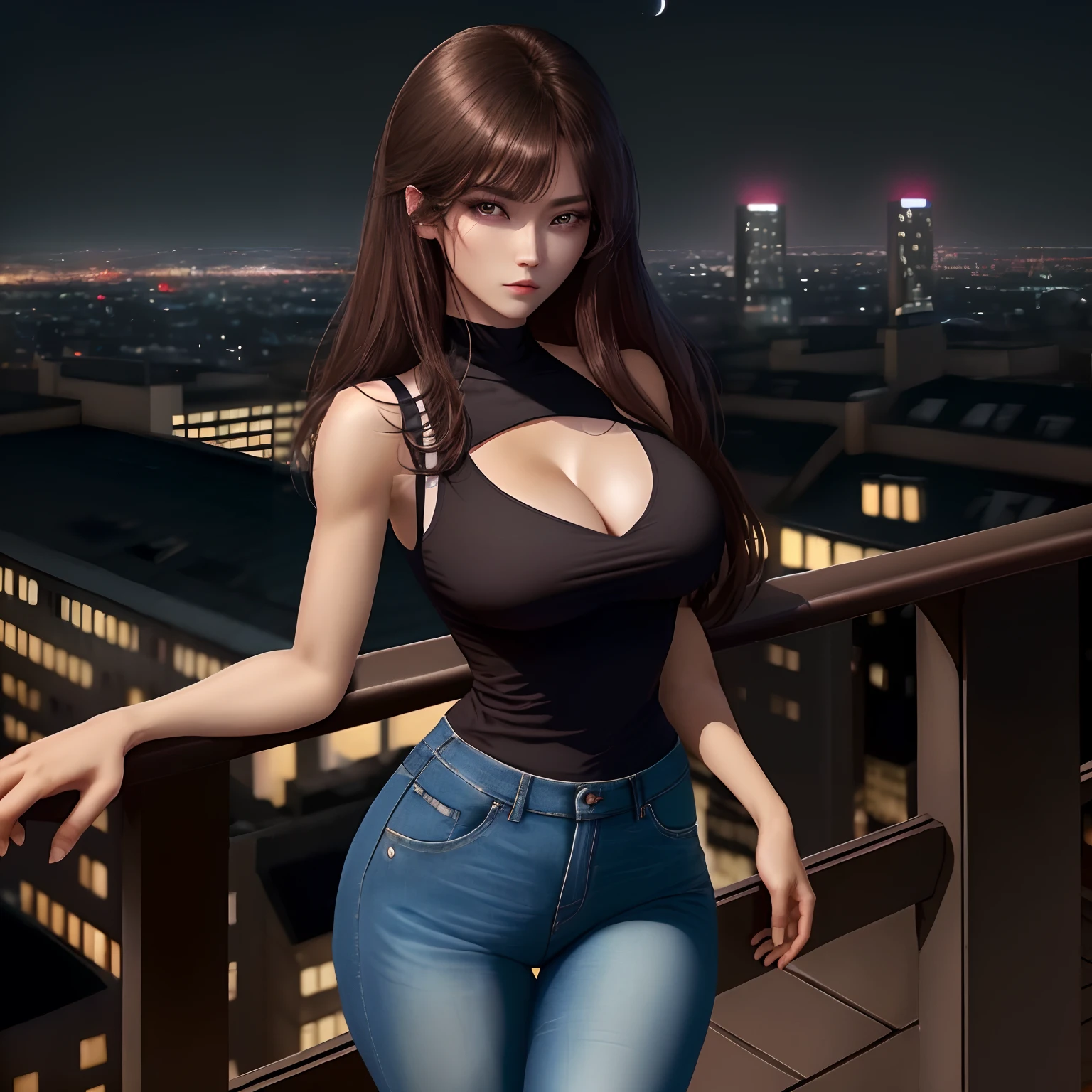 ((Midnight, Best quality, 8k, Masterpiece :1.3)), Whole body, Long legs, Sharp focus :1.2, A pretty woman with perfect figure :1.4, Slender abs :1.1, ((Dark brown hair, Big breasts :1.2)), (White tight tshirt, Jean bib, Standing:1.2), ((Night city view, Rooftop:1.3)), Highly detailed face and skin texture, Detailed eyes, Double eyelid，cleavage，The kinky is exposed，8k，二重まぶた