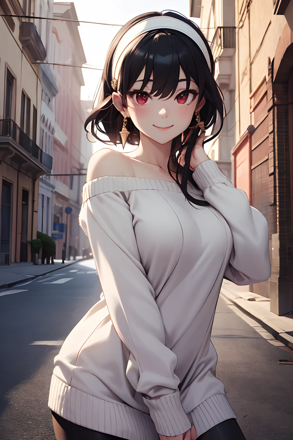 masterpiece, best quality, highres, bbyorf, short hair with long locks, white hairband, red eyes, gold earrings, large breasts, jewelry, off shoulder, Red sweater, sweater dress, long sleeves, black pantyhose, outdoors, standing cowboy shot, smile,