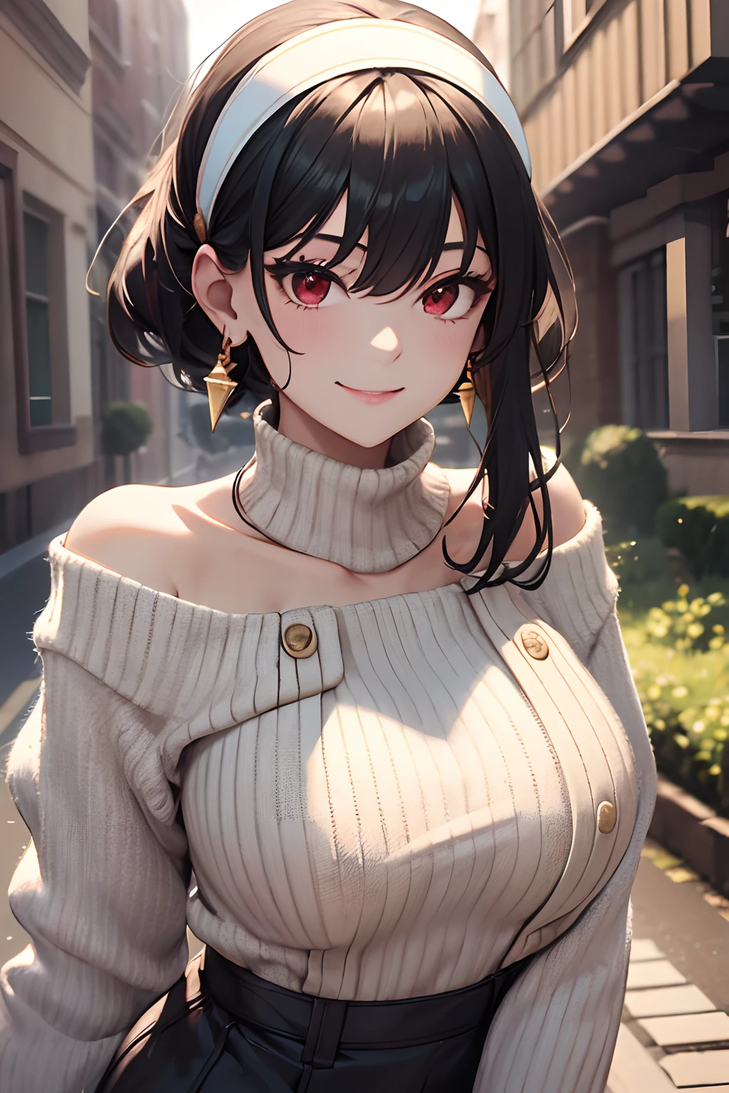 masterpiece, best quality, highres, bbyorf, short hair with long locks, white hairband, red eyes, gold earrings, large breasts, jewelry, off shoulder, red sweater, sweater dress, long sleeves, black pantyhose, outdoors, standing cowboy shot, smile,