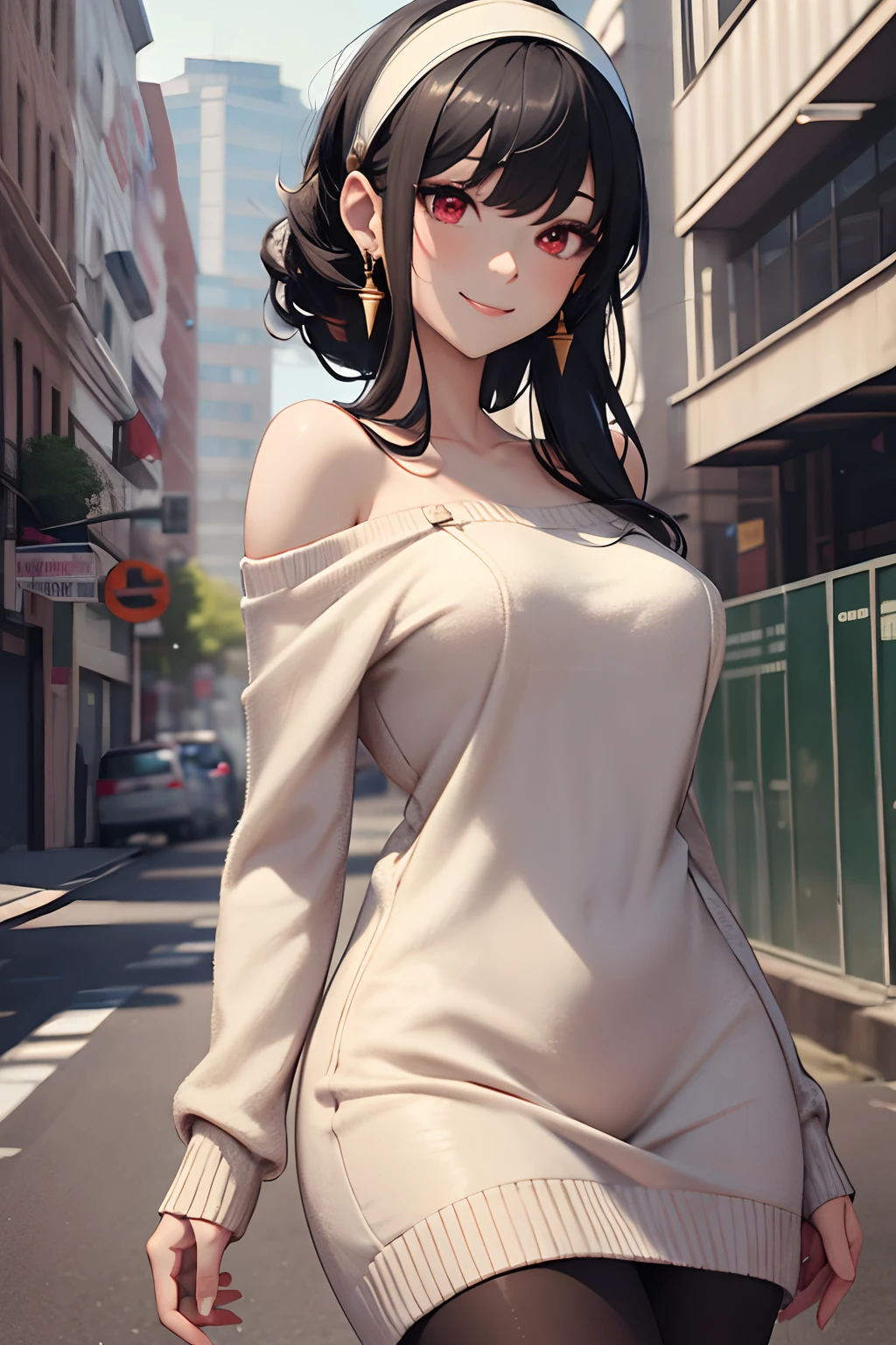 masterpiece, best quality, highres, bbyorf, short hair with long locks, white hairband, red eyes, gold earrings, large breasts, jewelry, off shoulder, red sweater, sweater dress, long sleeves, black pantyhose, outdoors, standing cowboy shot, smile,