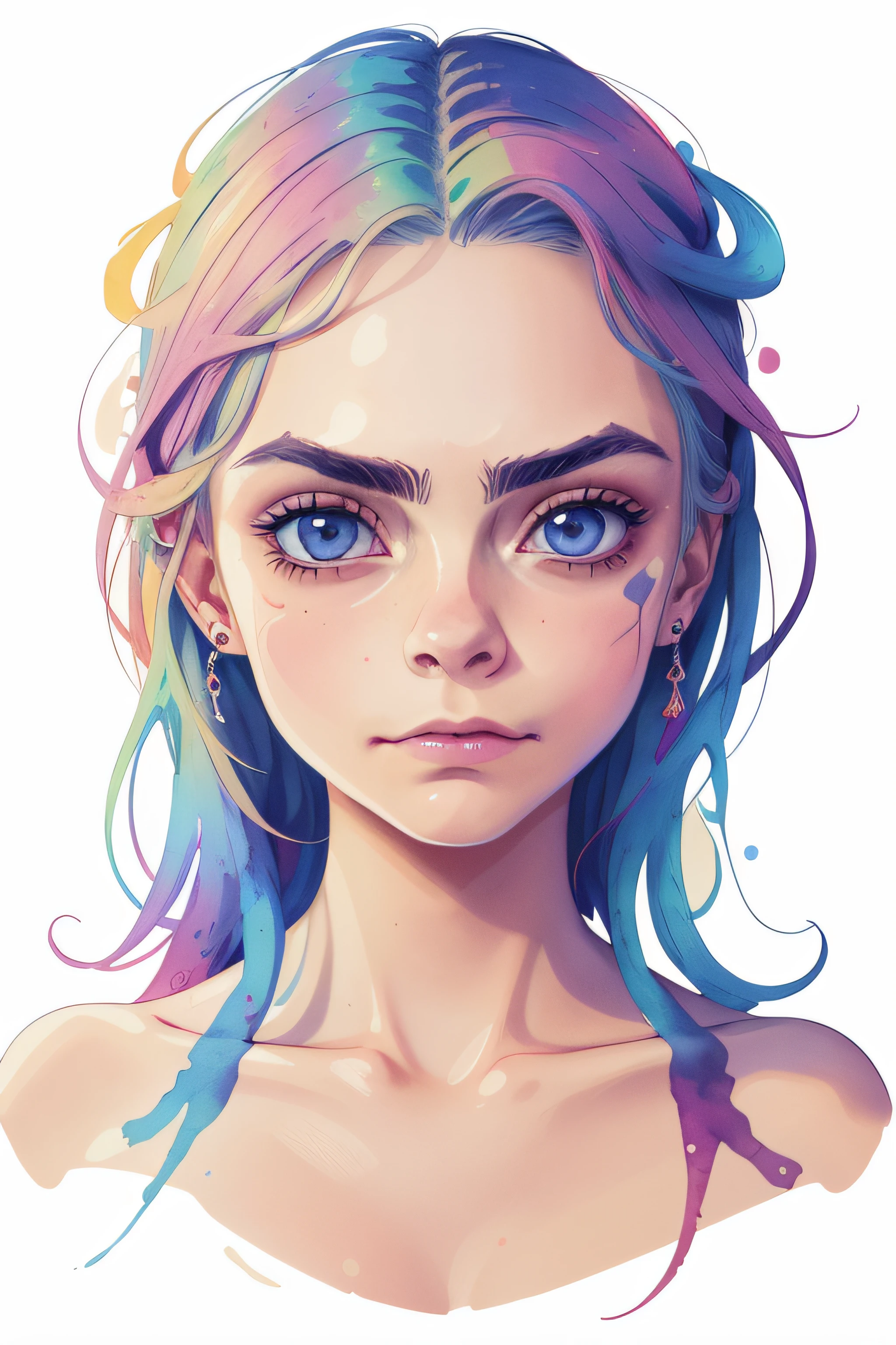 obra prima, realista,retrato, sozinho, Menina de 18 anos com rosto de menina de 8 anos, penteado longo e ondulado, Aquarela, Pinceladas de cores, por agnes cecile, Olhar para o espectador, , sobrancelhas gordas, olhos enormes, cara de boneca de alta qualidade, trends on artstation, foco nítido, Studio photo, Detalhes intrincados, altamente detalhado,HDR, Texturas 8K, Detalhe extremo, Textura da pele altamente detalhada, illustration, desenhos animados, anime! Epic details, Alta nitidez