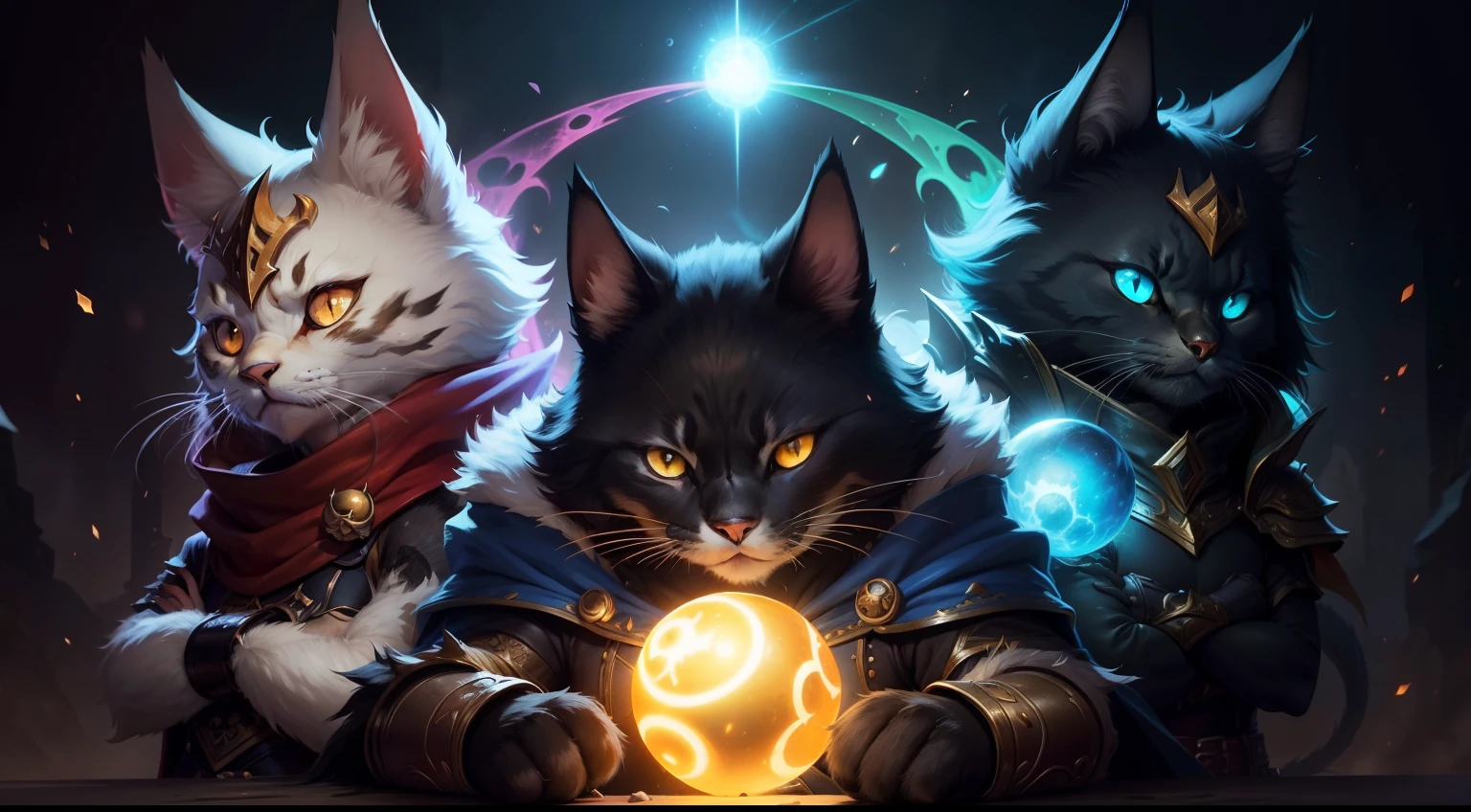 Illustration of a cat with a glowing orb on its paws, furry fantasy art, full art illustration, Arte completo, fantasy card game art, magic the gathering art style, Estilo de arte arcano, pintado en el estilo arcano, dnd arte fantaso, Splash Art oficial, Mago Zorro Oscuro, anthropomorphic cat ninja, league of legends art style, Arte de salpicaduras de personajes