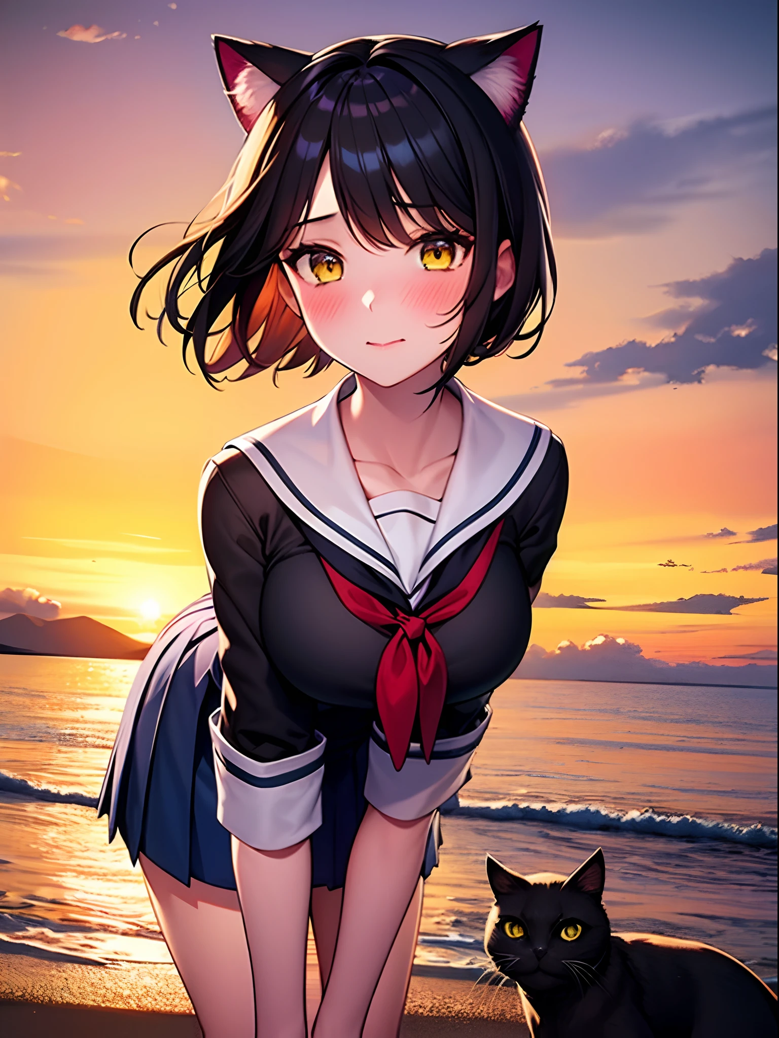 1 girl in、embarassed expression、short dark hair、Black cat ears、Yellow eyes，red blush、(Rim lighting):1.2、Soft shadows、vivd colour、Beautiful sunset、plein air，the beach，ultra-detailliert、Large breasts，Official art、unity 8k wall paper，Short school uniform，bare-legged