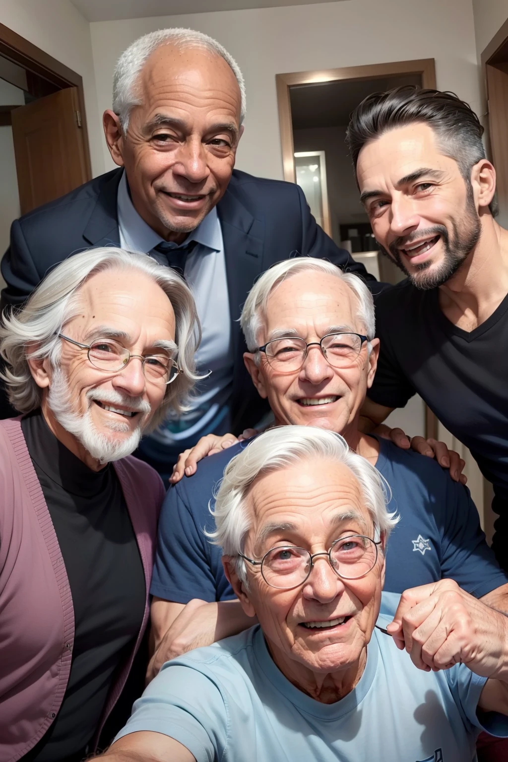 A imagem deve conter um homem adulto de 70 anos e um adulto dde cabelos pretos e com 30 anos, ambos sorrindo. "Rir, Aprender, Compartilhar: Open Dialogue is the Magic Ingredient!"