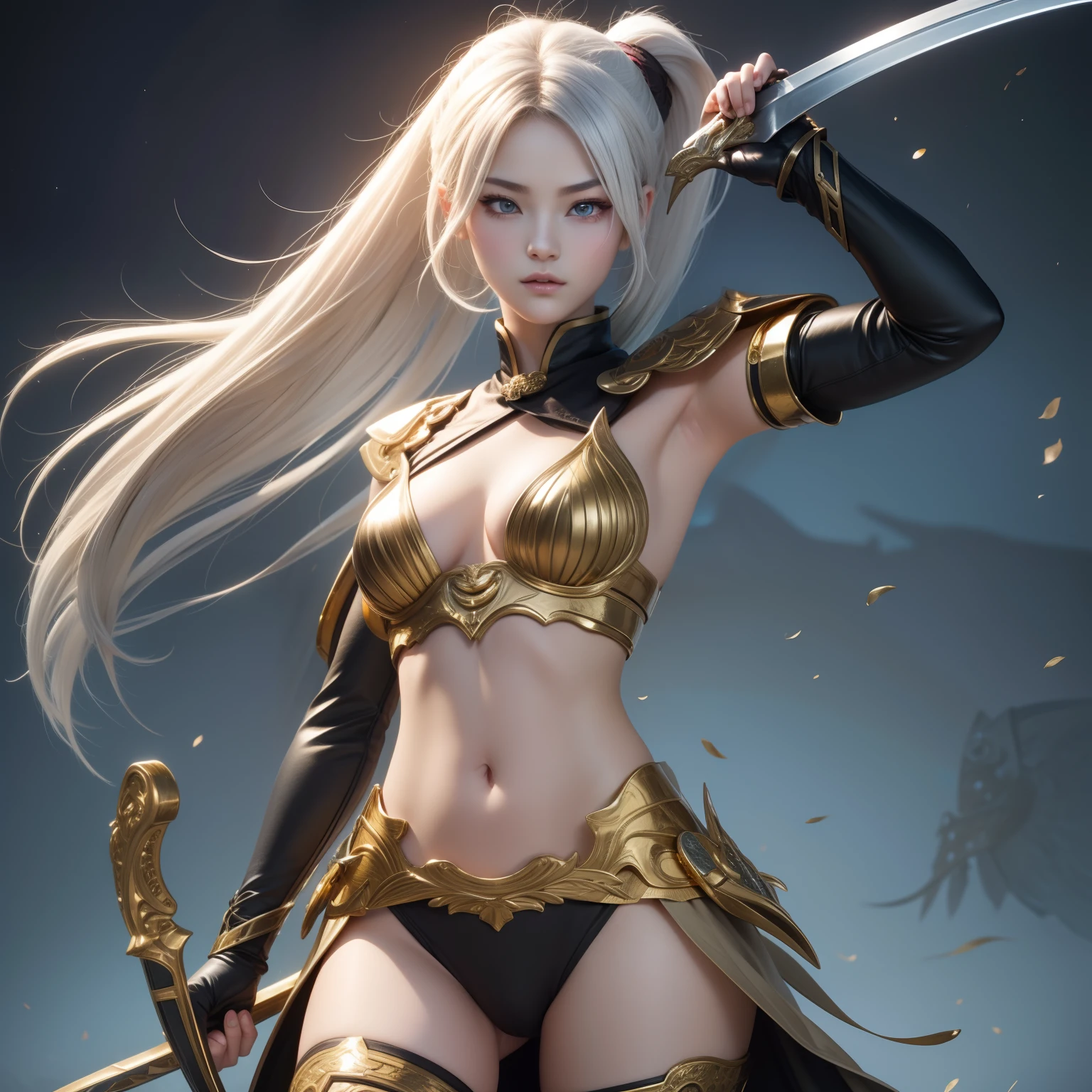 masterpiece、top-quality、 full bodyesbian、 The girl in the Japan combat uniform is、Wielding a mysterious sword、Stand with determination。 detailed skin textures、Detailed Cloth Texture、beautifull detailed face、intricate-detail、ultra-detailliert、CGSetsoty Trends、Fantasyart、beautiful character painting、guweiz、Full body Wuxia、epic exquisite character art、Stunning character art、silber hair、Long ponytail、Gold and silver demon pupils